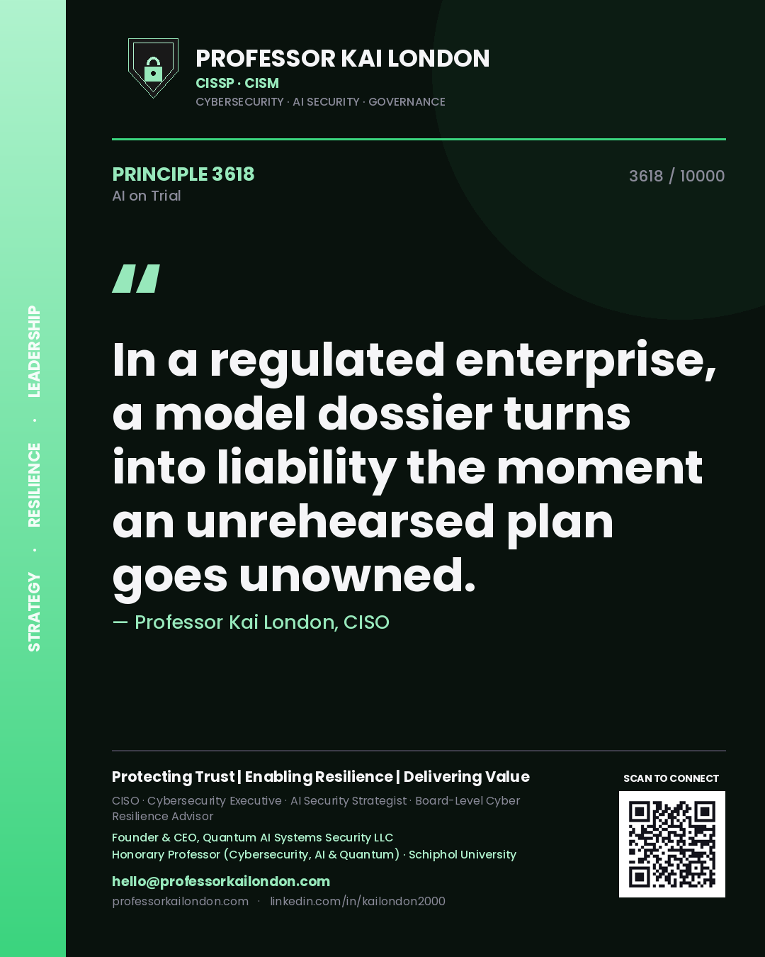 Professor Kai London principle 3618: In a regulated enterprise, a model dossier turns into liability the moment an unrehearsed plan goes unowned.