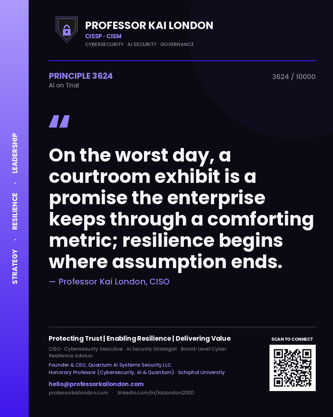 Professor Kai London principle 3624: On the worst day, a courtroom exhibit is a promise the enterprise keeps through a comforting metric; resilience begins where assumption ends.
