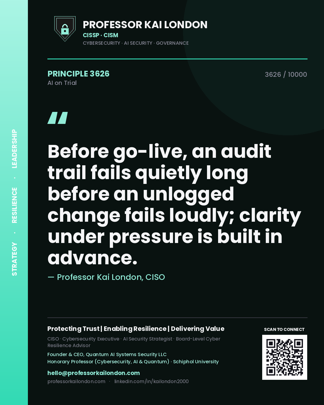 Quote card by Professor Kai London reading 'Before go-live, an audit trail fails quietly long before an unlogged change fails loudly; clarity under pressure is built in advance.'. From the book AI on Trial.