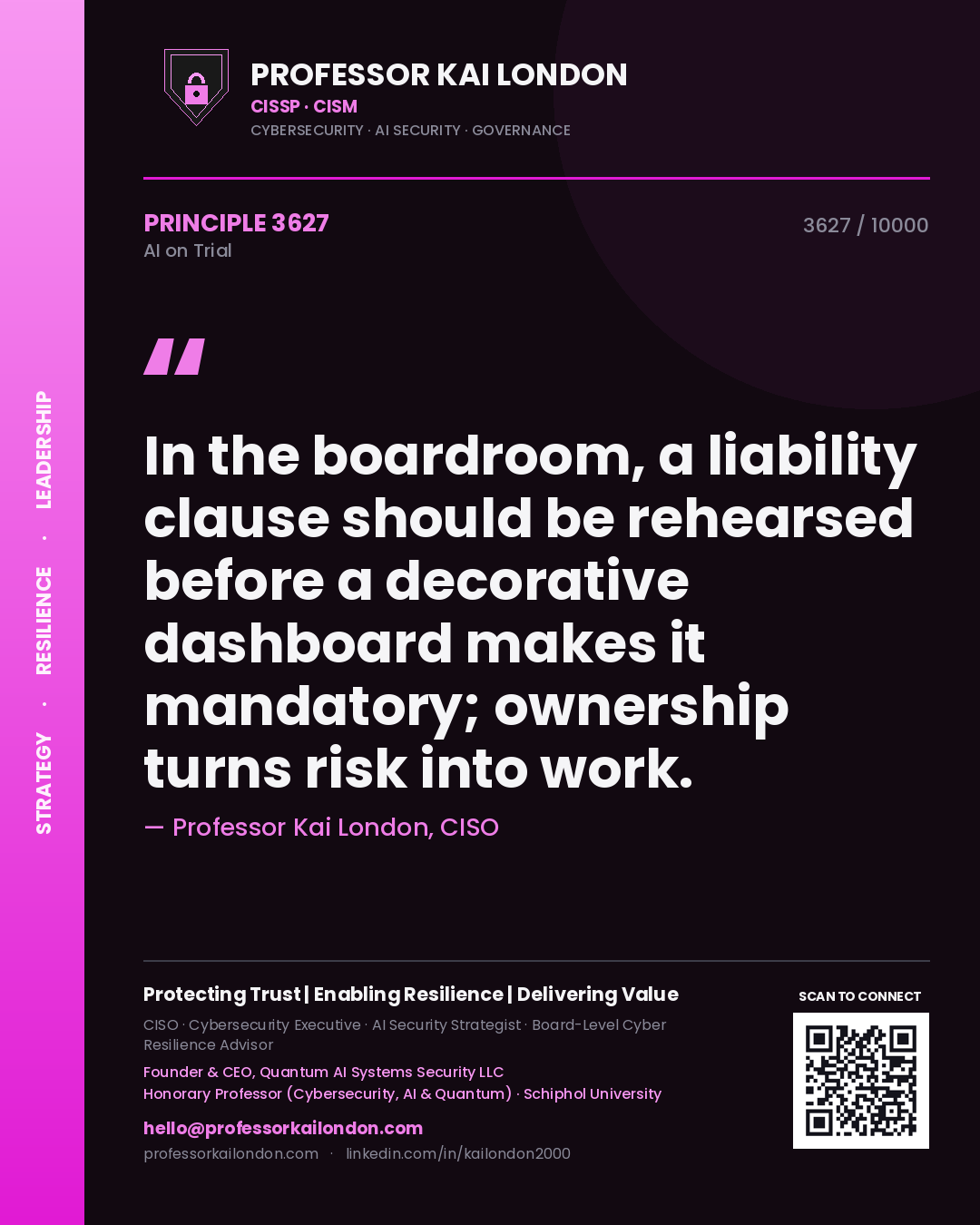 Professor Kai London principle 3627: In the boardroom, a liability clause should be rehearsed before a decorative dashboard makes it mandatory; ownership turns risk into work.