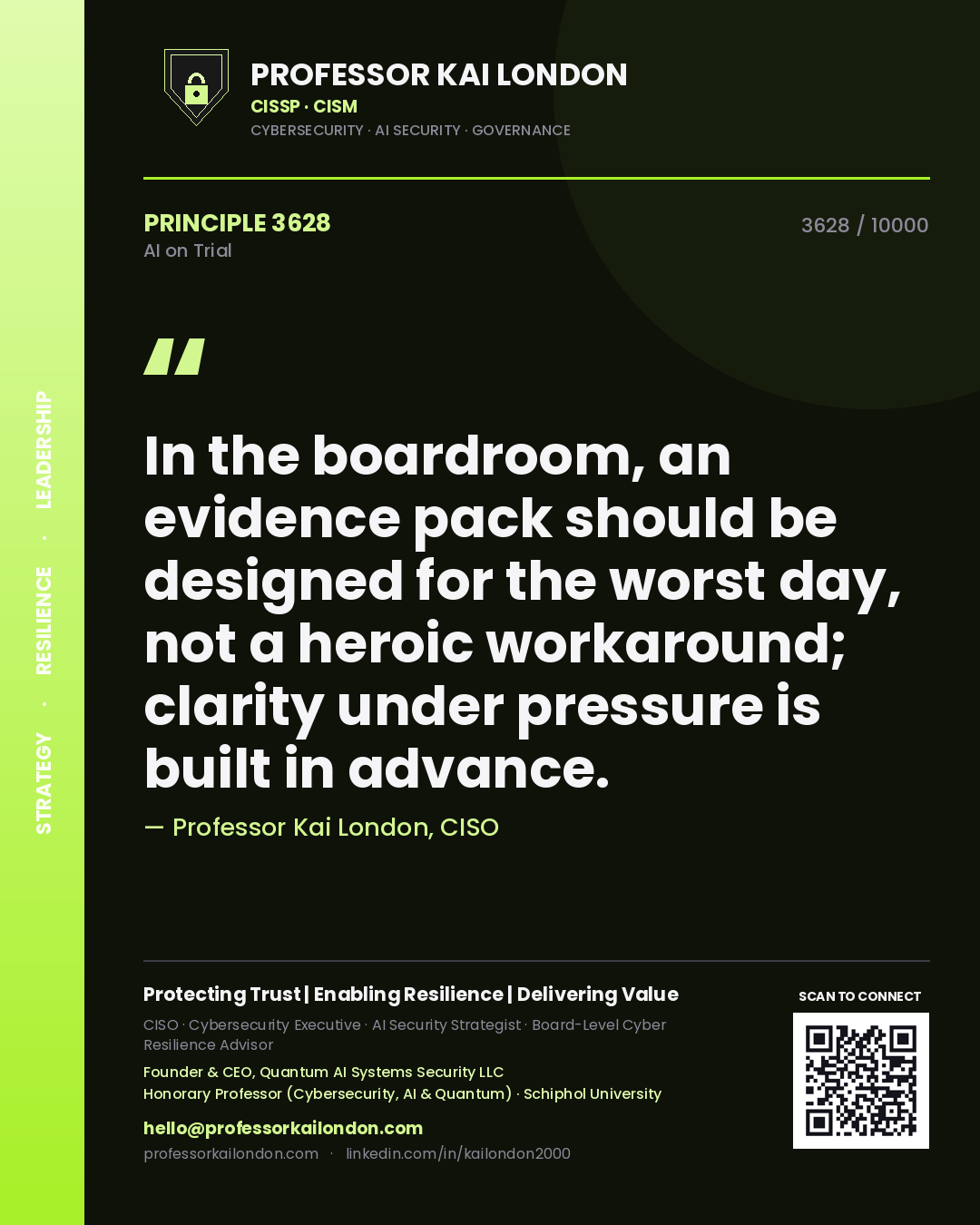Quote card by Professor Kai London reading 'In the boardroom, an evidence pack should be designed for the worst day, not a heroic workaround; clarity under pressure is built in advance.'. From the book AI on Trial.