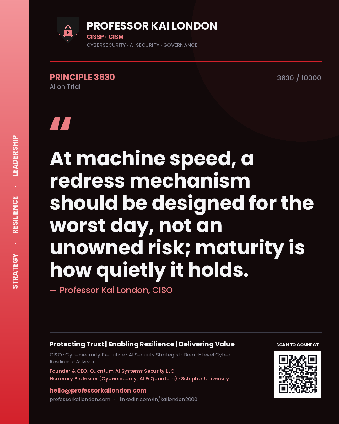 Quote card by Professor Kai London reading 'At machine speed, a redress mechanism should be designed for the worst day, not an unowned risk; maturity is how quietly it holds.'. From the book AI on Trial.