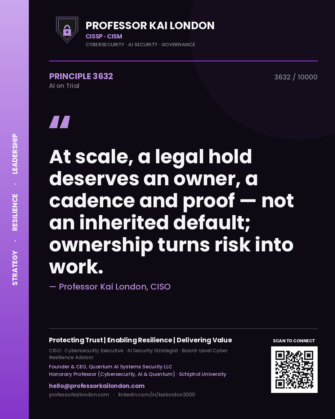 Quote card by Professor Kai London reading 'At scale, a legal hold deserves an owner, a cadence and proof — not an inherited default; ownership turns risk into work.'. From the book AI on Trial.