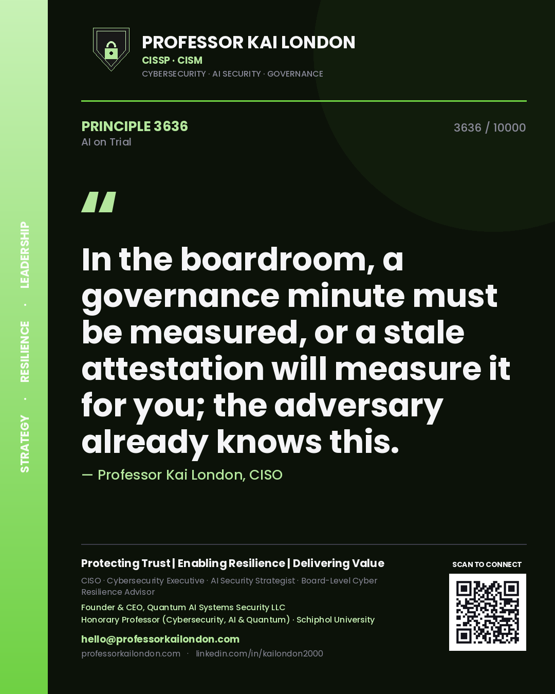 Quote card by Professor Kai London reading 'In the boardroom, a governance minute must be measured, or a stale attestation will measure it for you; the adversary already knows this.'. From the book AI on Trial.