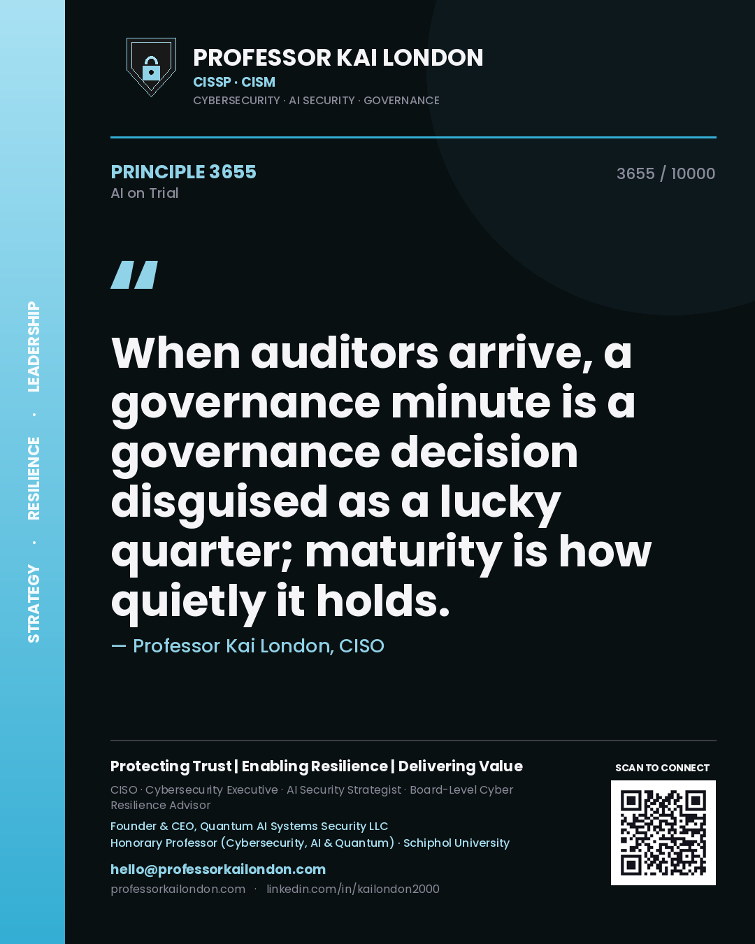 Professor Kai London principle 3655: When auditors arrive, a governance minute is a governance decision disguised as a lucky quarter; maturity is how quietly it holds.