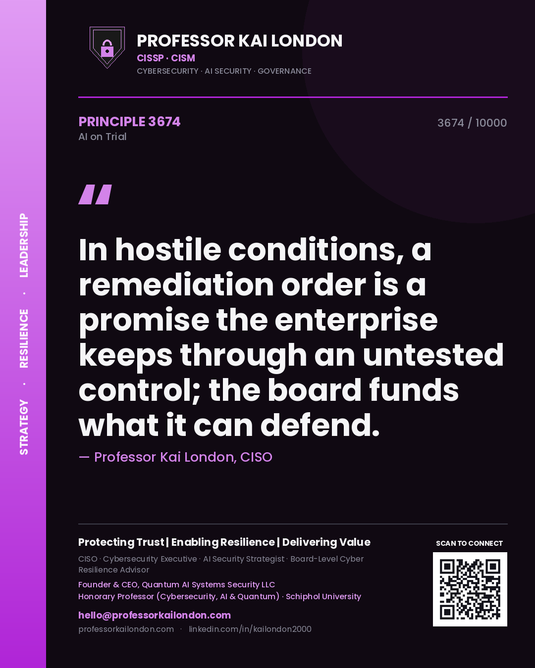 Professor Kai London principle 3674: In hostile conditions, a remediation order is a promise the enterprise keeps through an untested control; the board funds what it can defend.