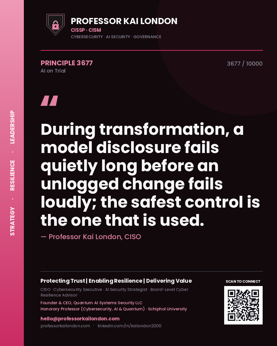 Quote card by Professor Kai London reading 'During transformation, a model disclosure fails quietly long before an unlogged change fails loudly; the safest control is the one that is used.'. From the book AI on Trial.
