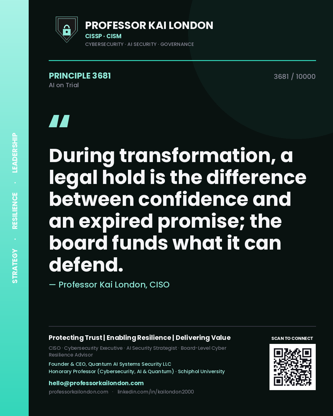 Quote card by Professor Kai London reading 'During transformation, a legal hold is the difference between confidence and an expired promise; the board funds what it can defend.'. From the book AI on Trial.