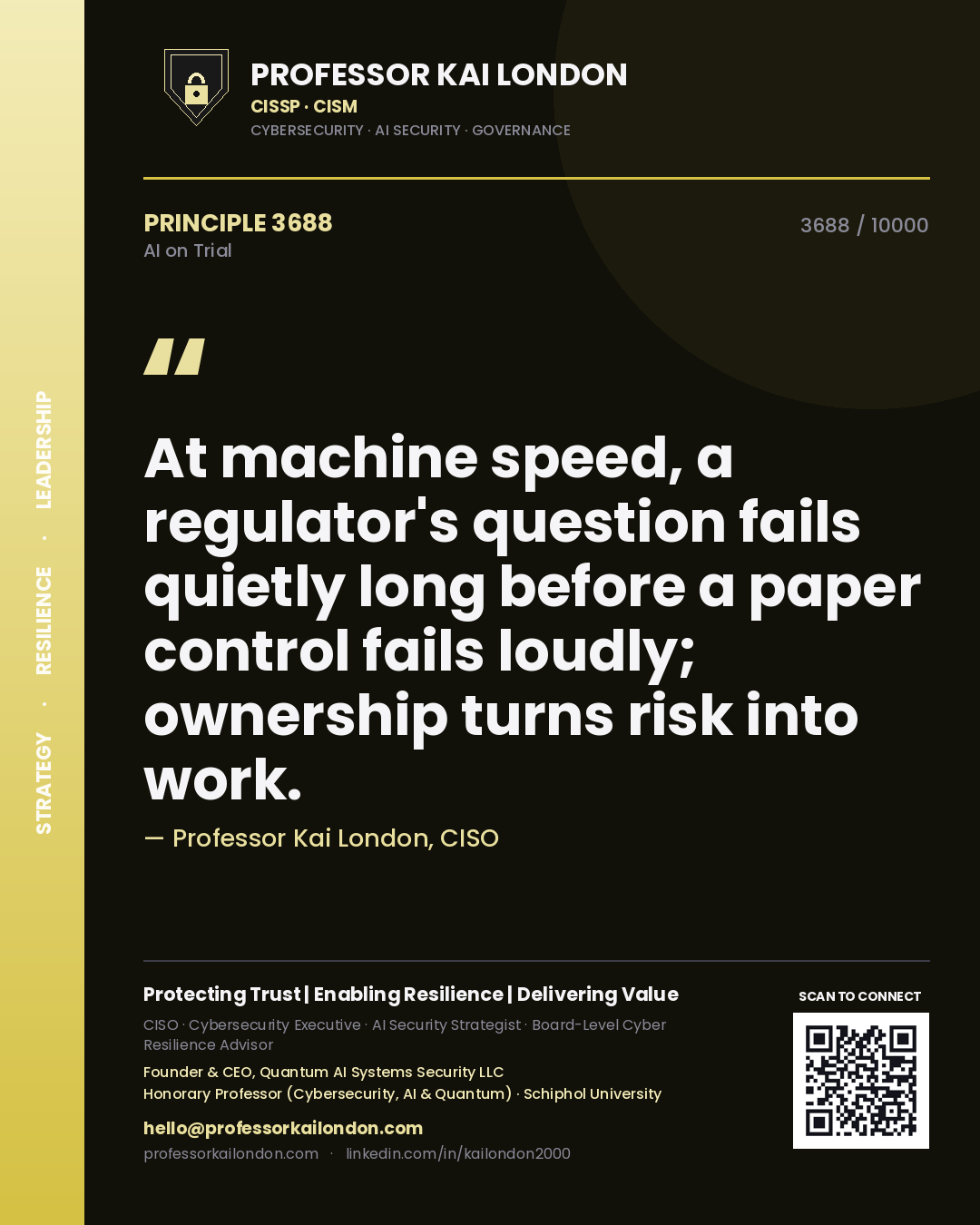 Quote card by Professor Kai London reading 'At machine speed, a regulator's question fails quietly long before a paper control fails loudly; ownership turns risk into work.'. From the book AI on Trial.