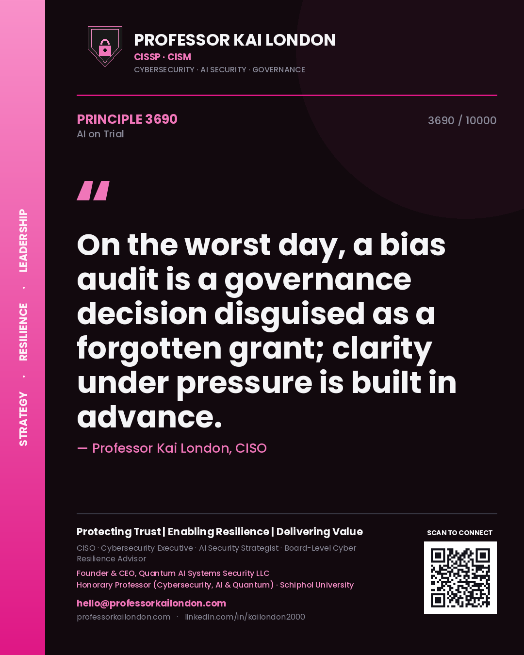 Quote card by Professor Kai London reading 'On the worst day, a bias audit is a governance decision disguised as a forgotten grant; clarity under pressure is built in advance.'. From the book AI on Trial.
