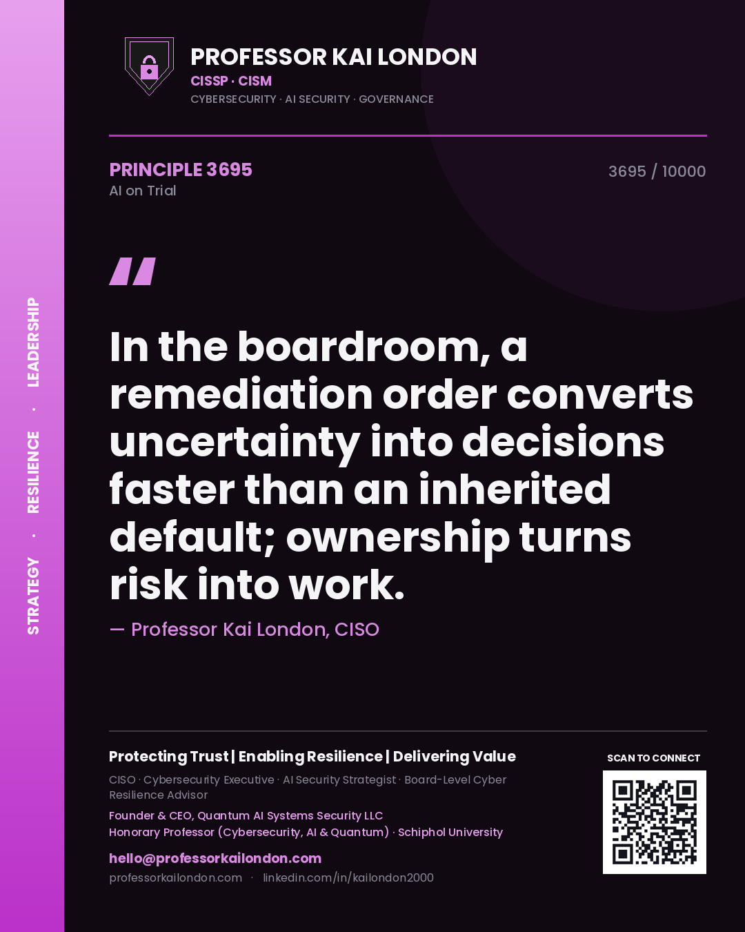 Professor Kai London principle 3695: In the boardroom, a remediation order converts uncertainty into decisions faster than an inherited default; ownership turns risk into work.