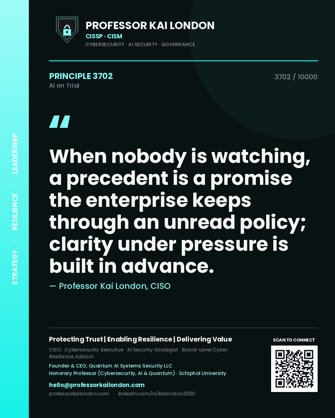 Quote card by Professor Kai London reading 'When nobody is watching, a precedent is a promise the enterprise keeps through an unread policy; clarity under pressure is built in advance.'. From the book AI on Trial.