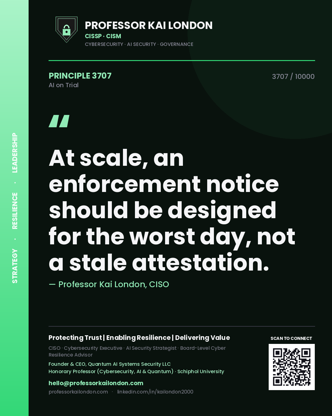 Professor Kai London principle 3707: At scale, an enforcement notice should be designed for the worst day, not a stale attestation.