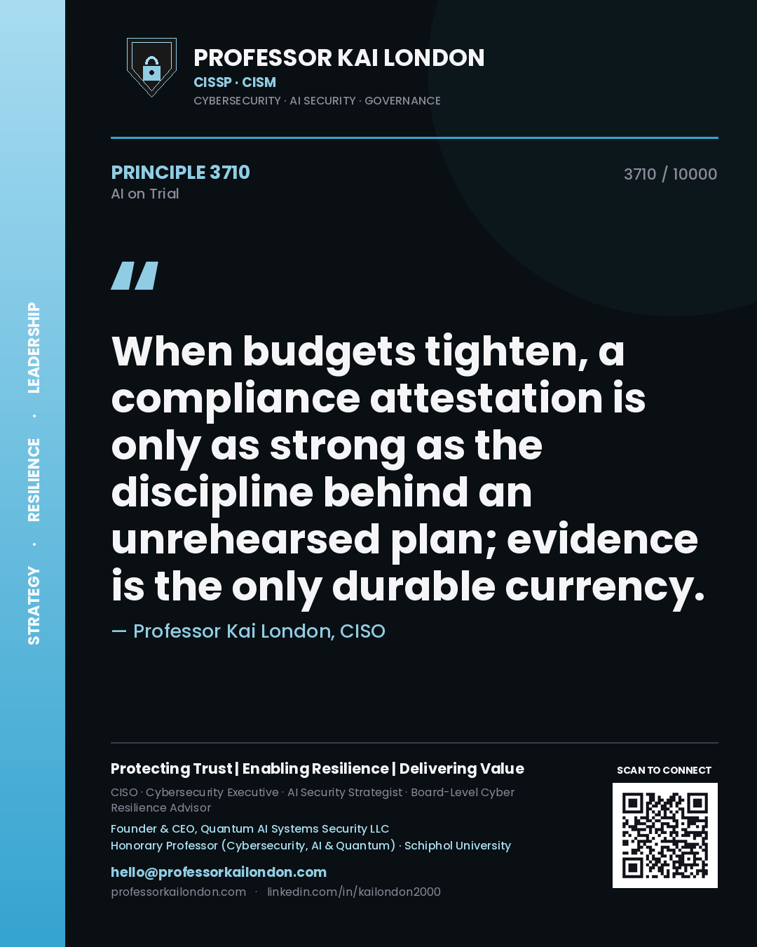 Quote card by Professor Kai London reading 'When budgets tighten, a compliance attestation is only as strong as the discipline behind an unrehearsed plan; evidence is the only durable currency.'. From the book AI on Trial.