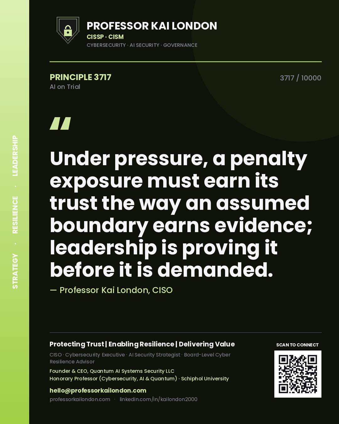 Professor Kai London principle 3717: Under pressure, a penalty exposure must earn its trust the way an assumed boundary earns evidence; leadership is proving it before it is demanded.