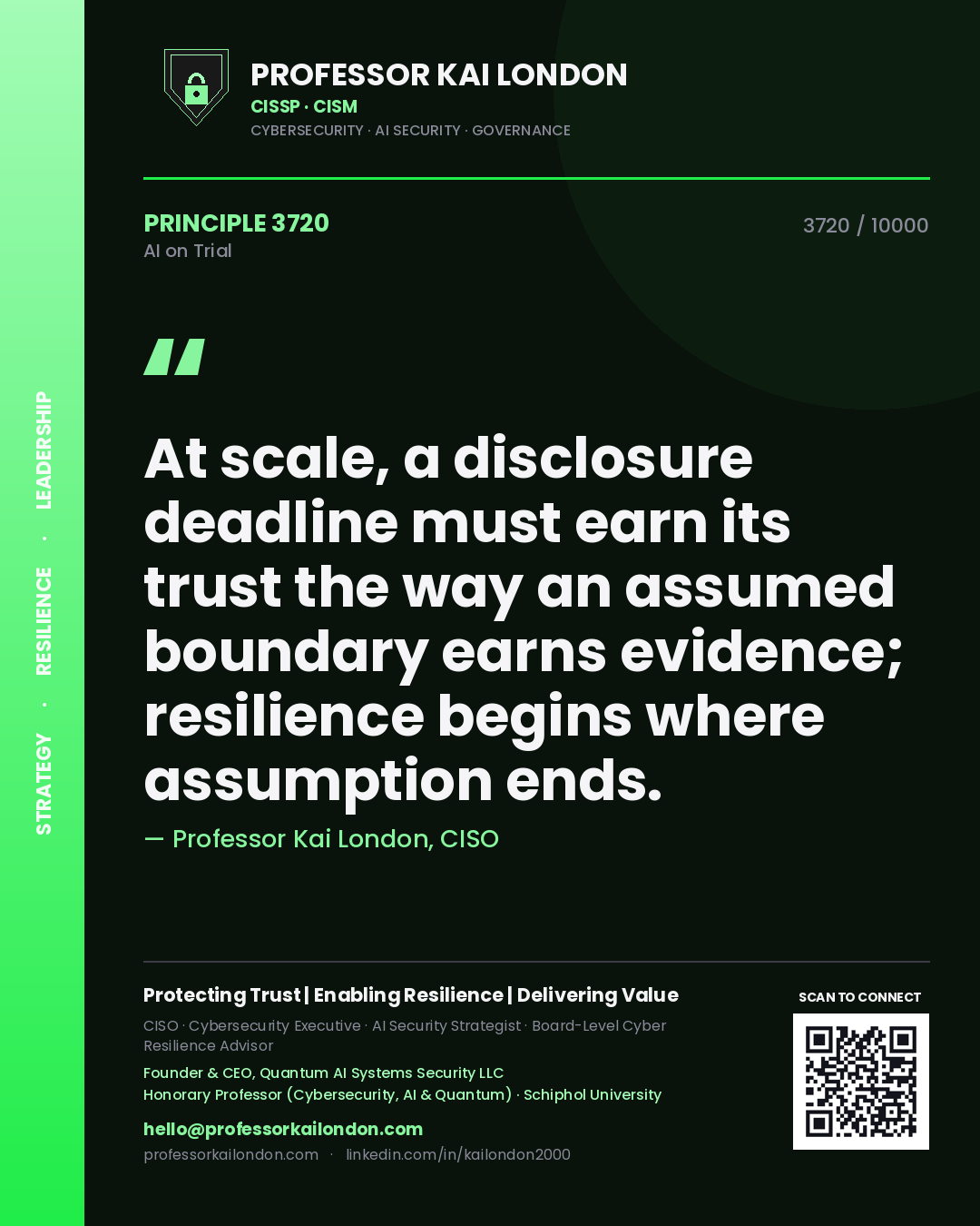 Quote card by Professor Kai London reading 'At scale, a disclosure deadline must earn its trust the way an assumed boundary earns evidence; resilience begins where assumption ends.'. From the book AI on Trial.
