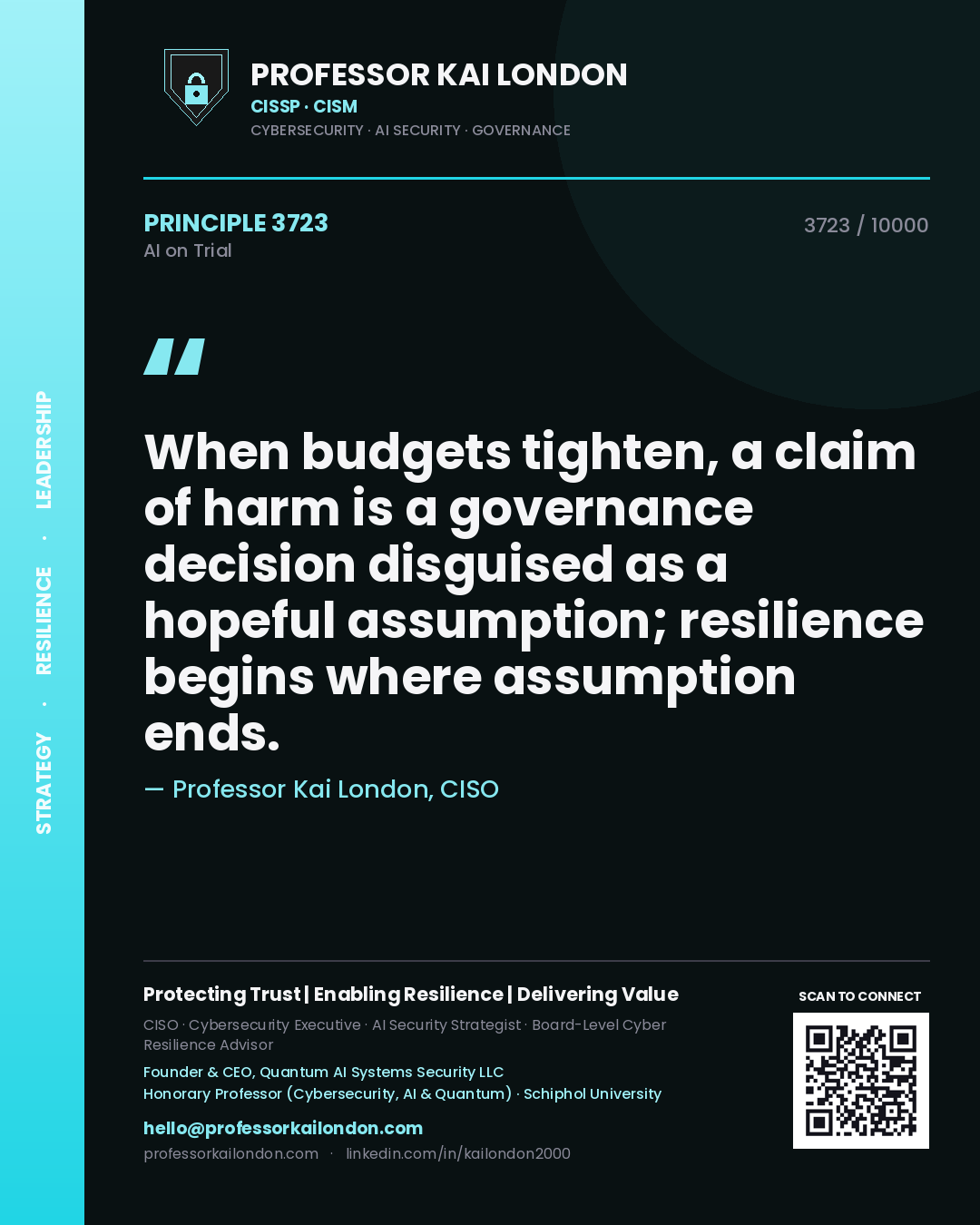 Professor Kai London principle 3723: When budgets tighten, a claim of harm is a governance decision disguised as a hopeful assumption; resilience begins where assumption ends.