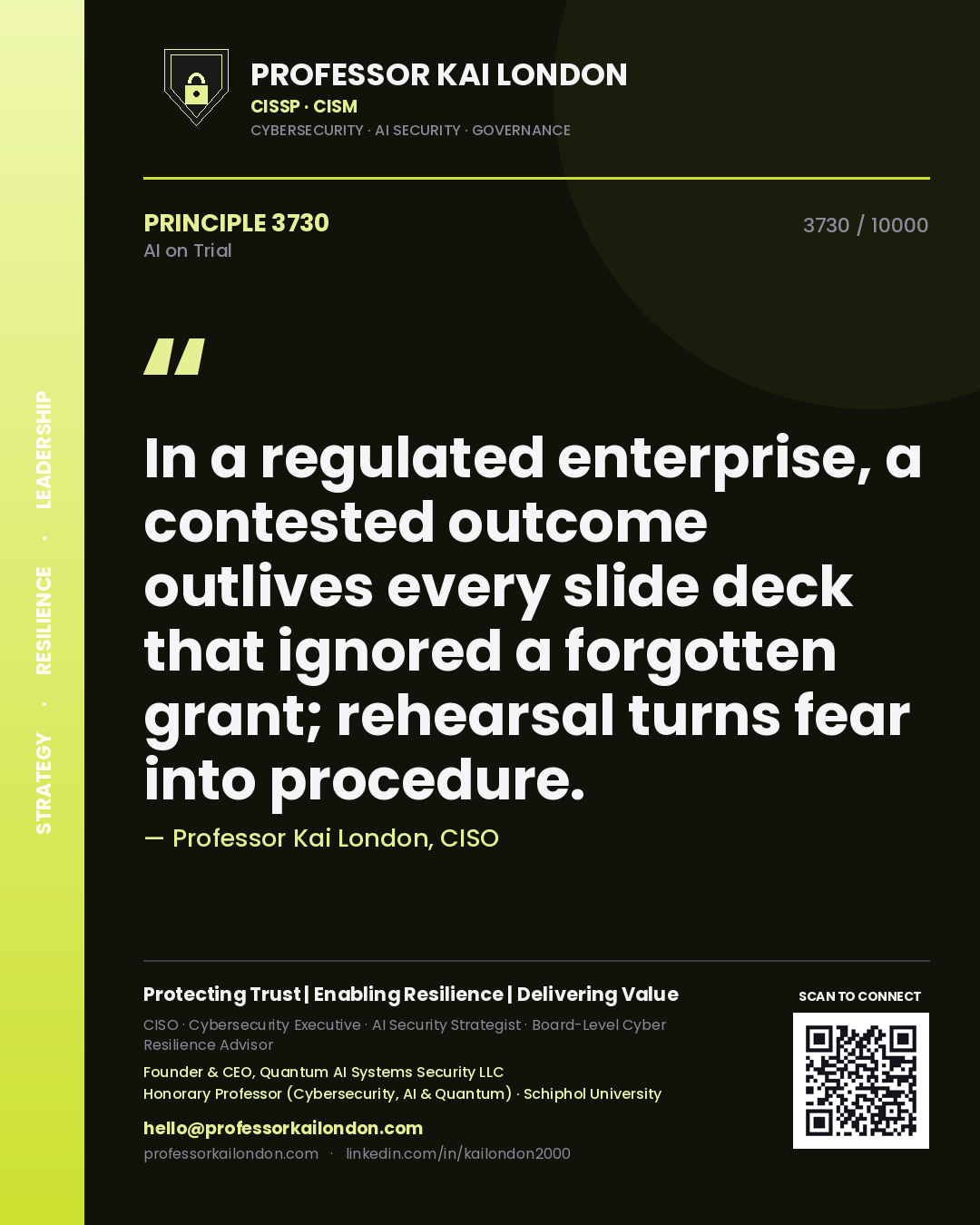 Quote card by Professor Kai London reading 'In a regulated enterprise, a contested outcome outlives every slide deck that ignored a forgotten grant; rehearsal turns fear into procedure.'. From the book AI on Trial.