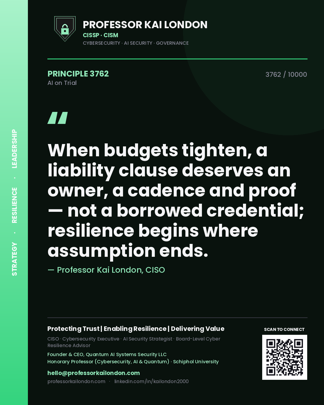 Quote card by Professor Kai London reading 'When budgets tighten, a liability clause deserves an owner, a cadence and proof — not a borrowed credential; resilience begins where assumption ends.'. From the book AI on Trial.