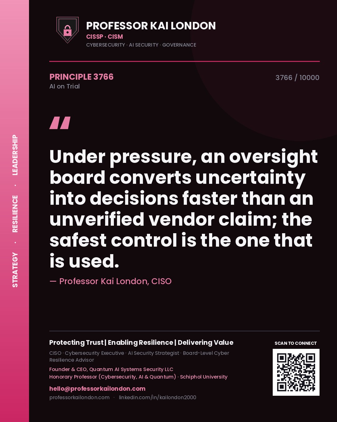 Quote card by Professor Kai London reading 'Under pressure, an oversight board converts uncertainty into decisions faster than an unverified vendor claim; the safest control is the one that is used.'. From the book AI on Trial.