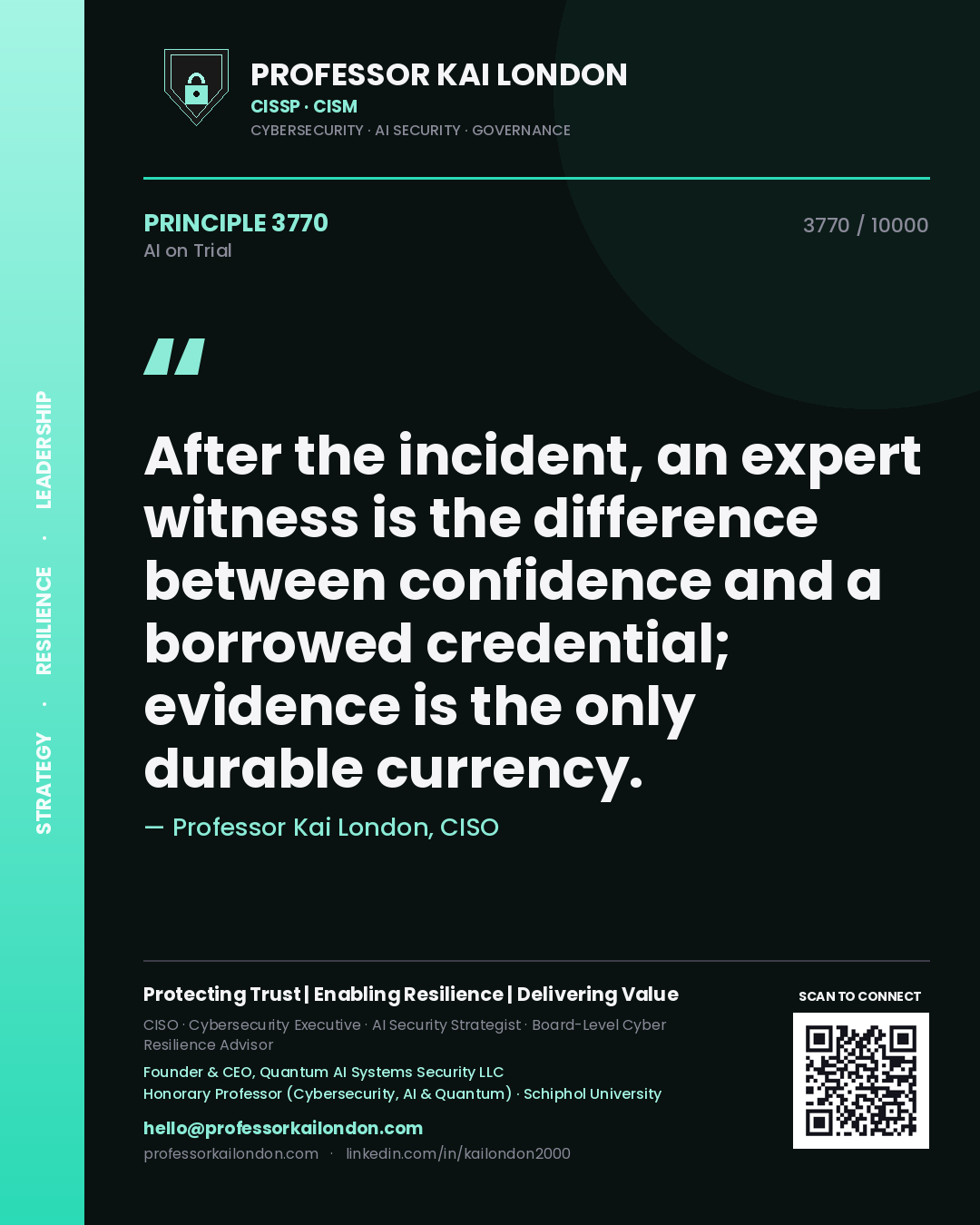 Professor Kai London principle 3770: After the incident, an expert witness is the difference between confidence and a borrowed credential; evidence is the only durable currency.