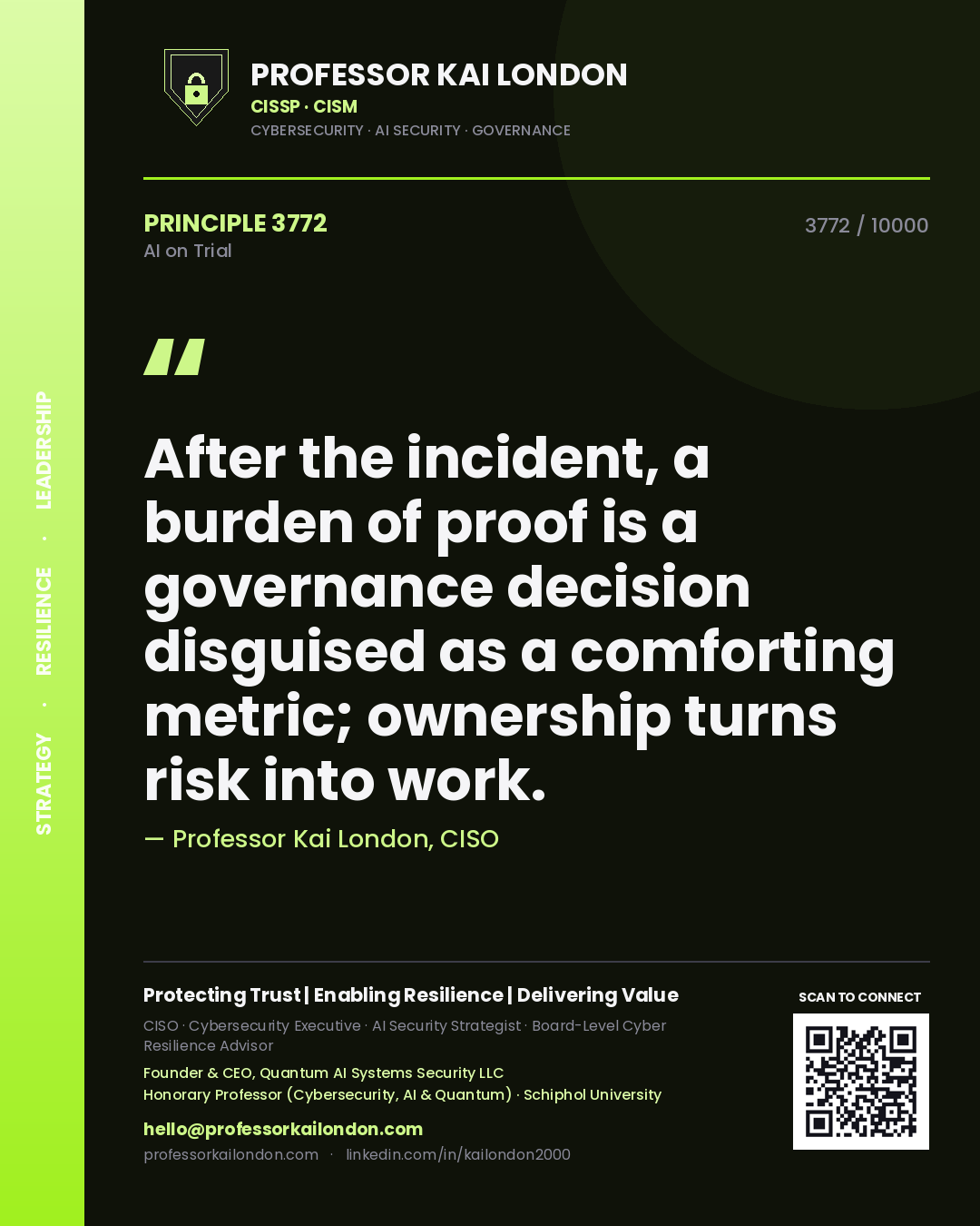 Professor Kai London principle 3772: After the incident, a burden of proof is a governance decision disguised as a comforting metric; ownership turns risk into work.