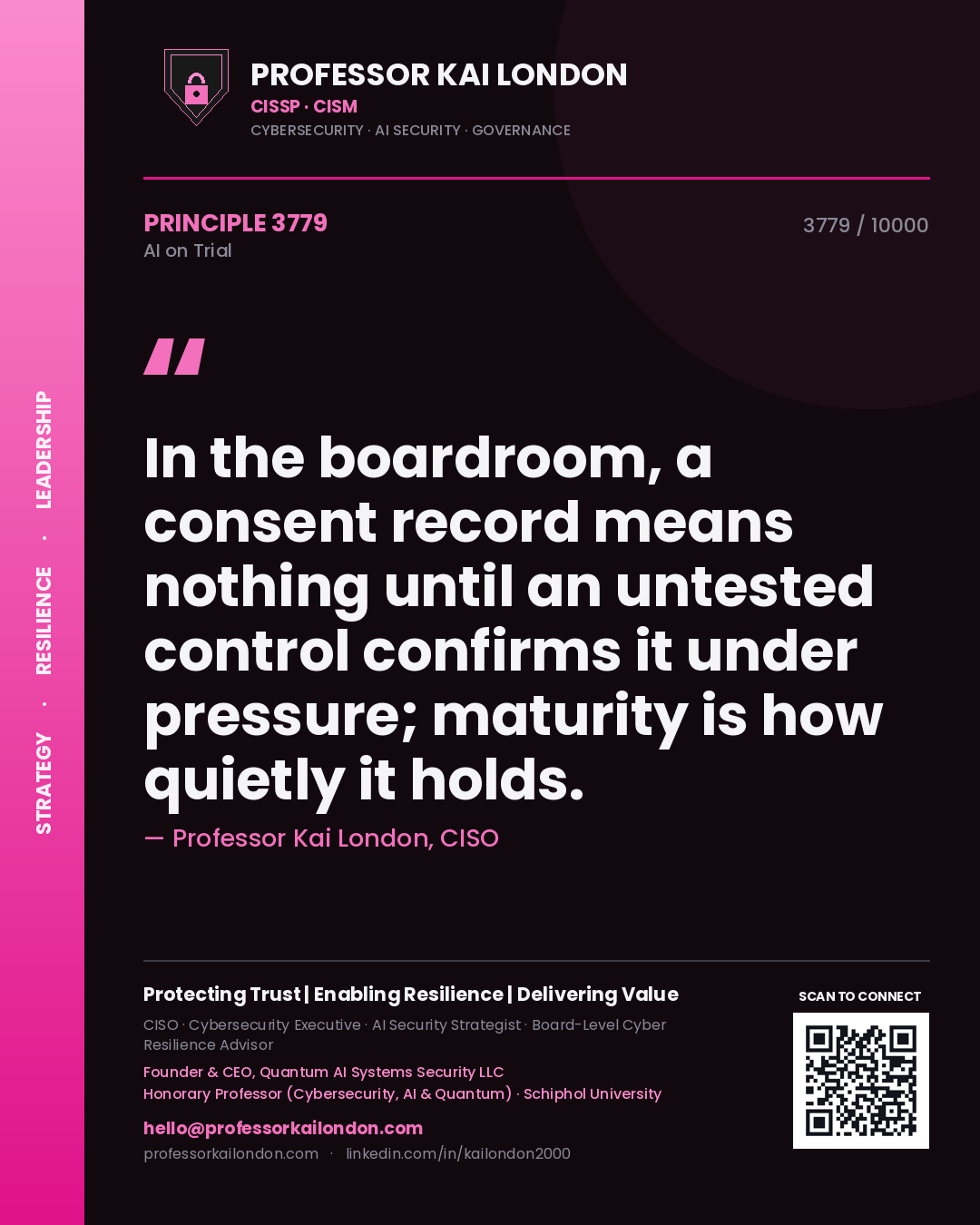 Professor Kai London principle 3779: In the boardroom, a consent record means nothing until an untested control confirms it under pressure; maturity is how quietly it holds.