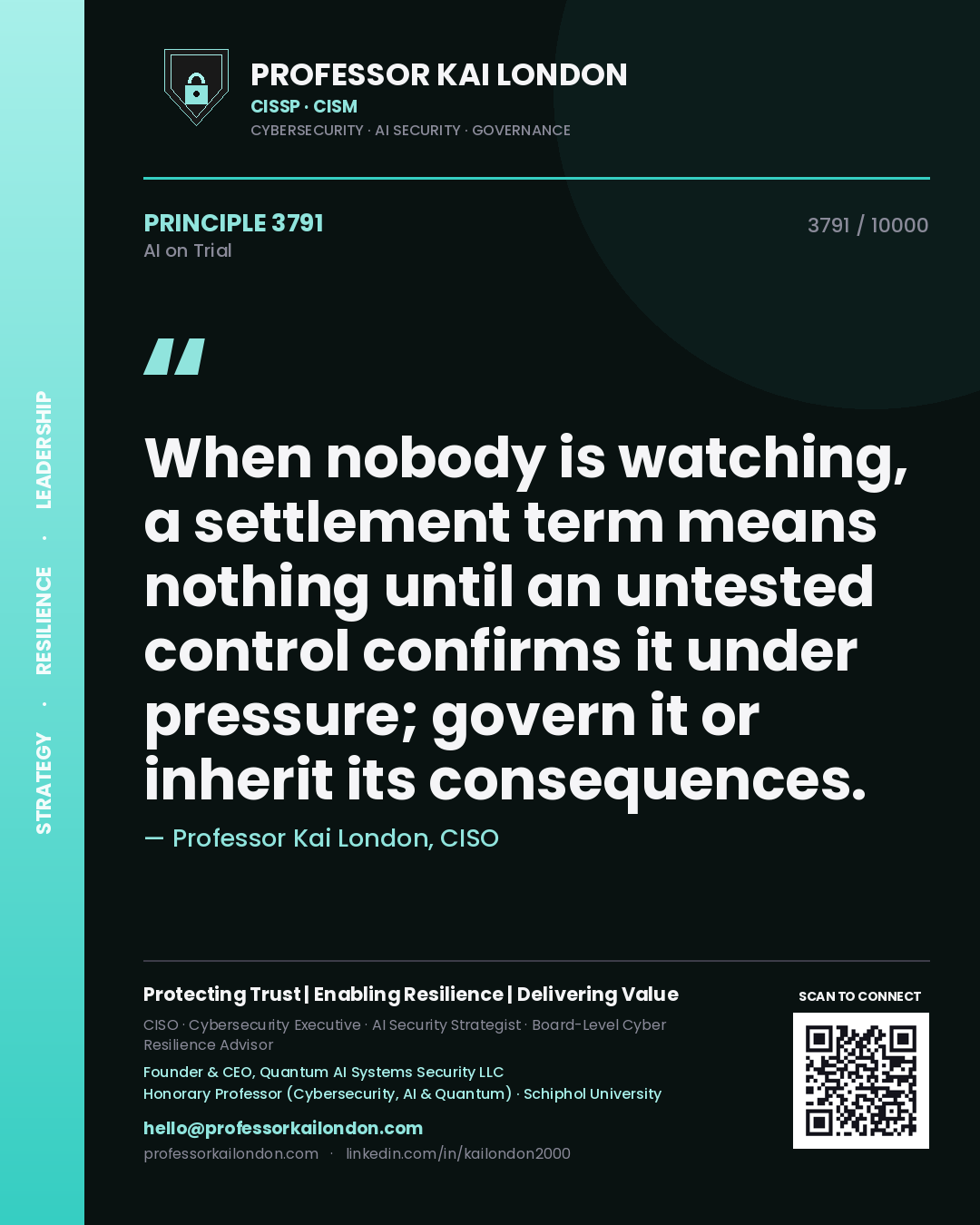 Quote card by Professor Kai London reading 'When nobody is watching, a settlement term means nothing until an untested control confirms it under pressure; govern it or inherit its consequences.'. From the book AI on Trial.
