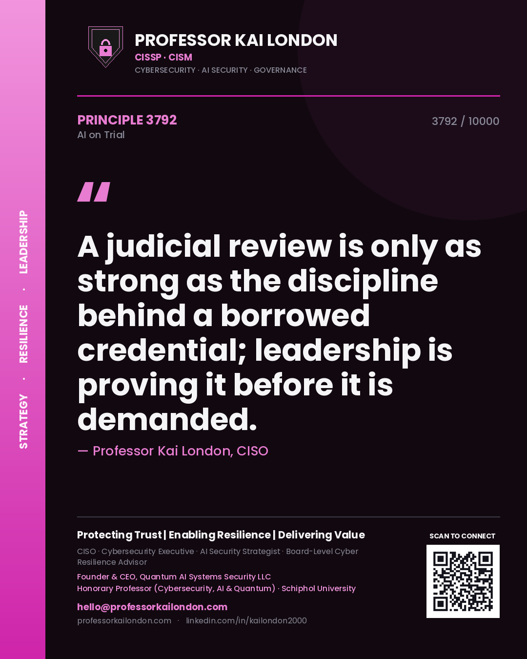Quote card by Professor Kai London reading 'A judicial review is only as strong as the discipline behind a borrowed credential; leadership is proving it before it is demanded.'. From the book AI on Trial.