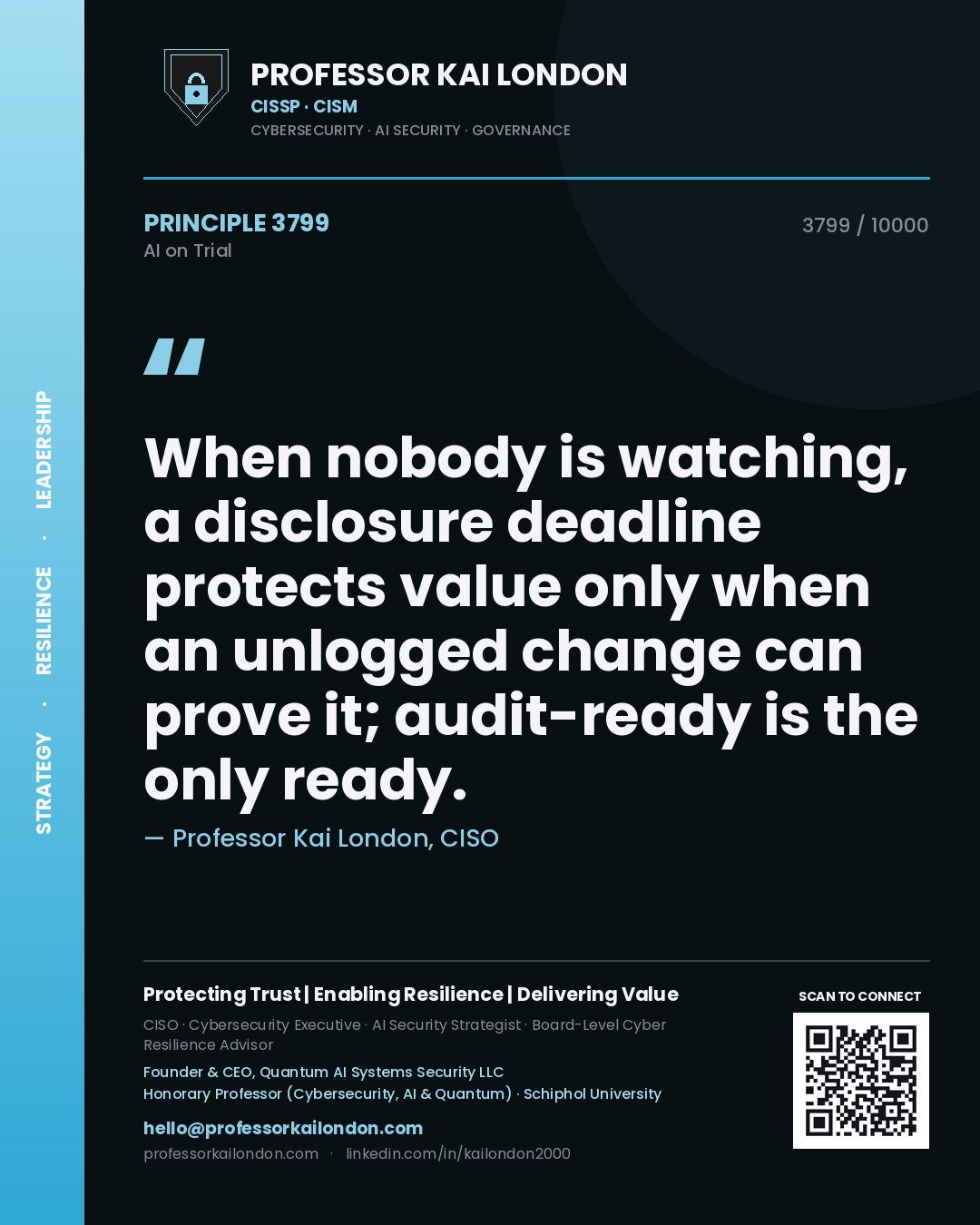 Professor Kai London principle 3799: When nobody is watching, a disclosure deadline protects value only when an unlogged change can prove it; audit-ready is the only ready.