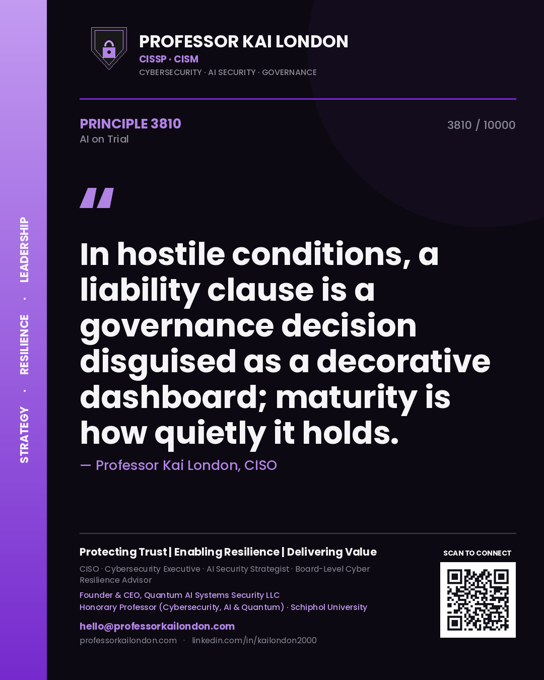 Quote card by Professor Kai London reading 'In hostile conditions, a liability clause is a governance decision disguised as a decorative dashboard; maturity is how quietly it holds.'. From the book AI on Trial.