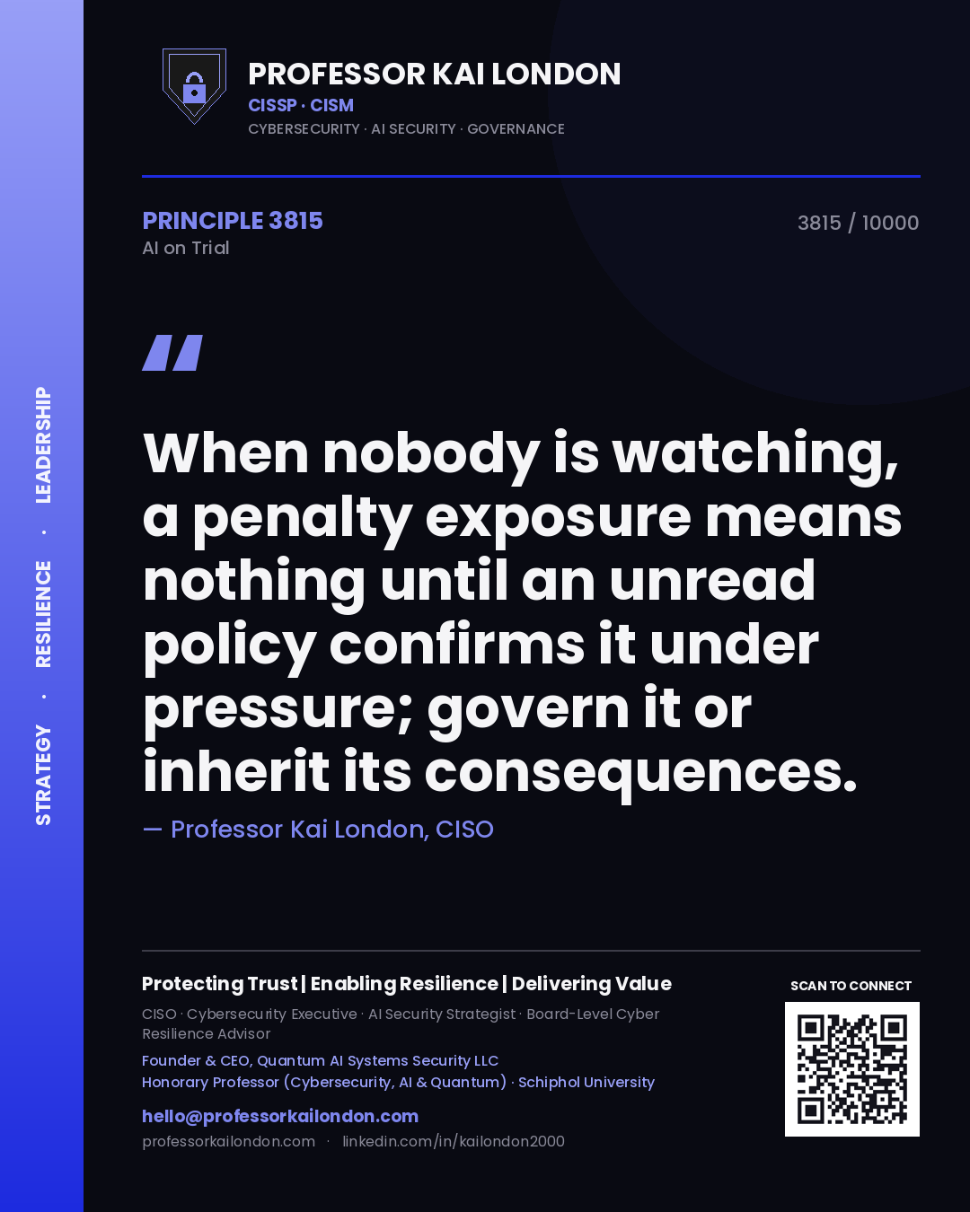 Quote card by Professor Kai London reading 'When nobody is watching, a penalty exposure means nothing until an unread policy confirms it under pressure; govern it or inherit its consequences.'. From the book AI on Trial.