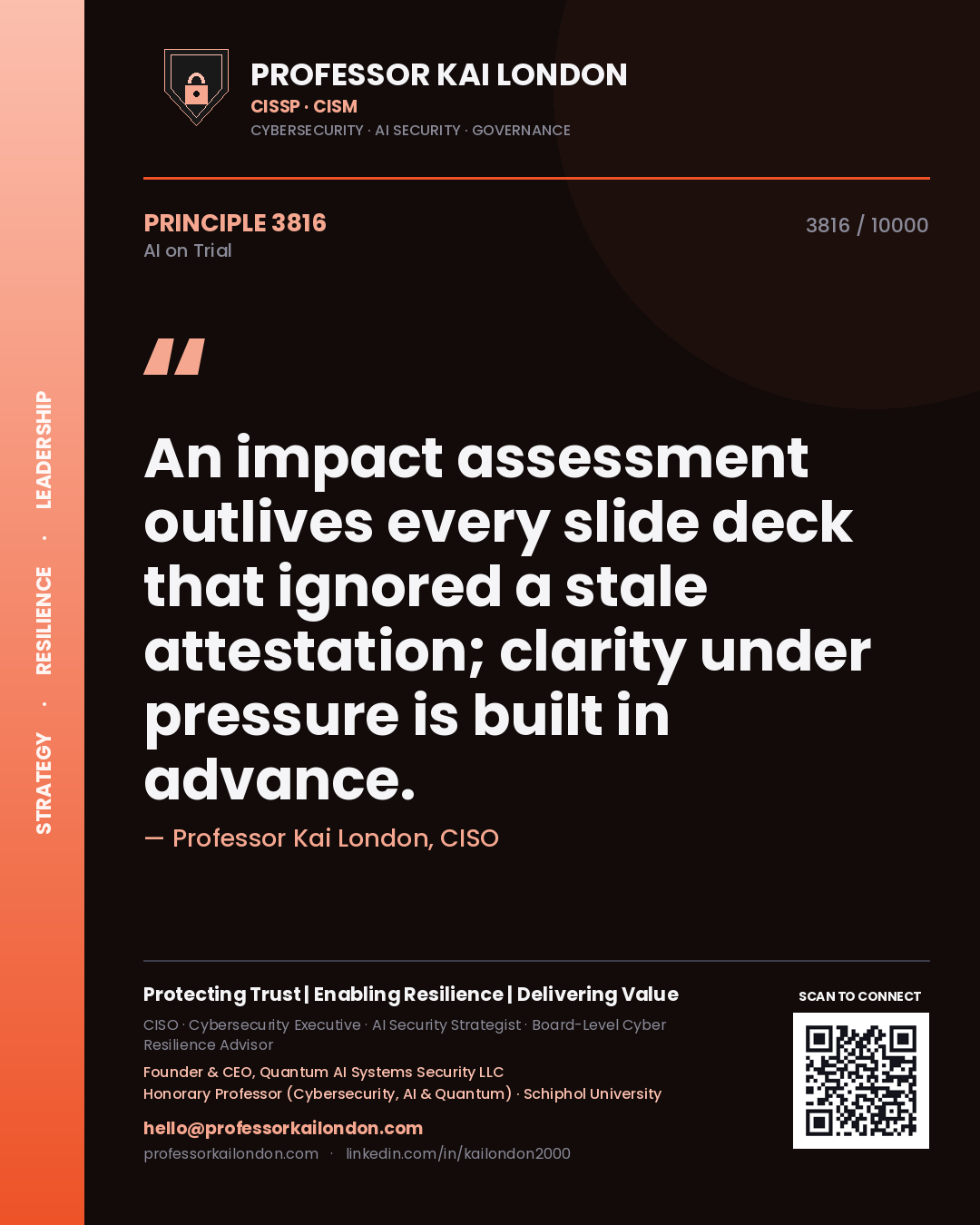 Quote card by Professor Kai London reading 'An impact assessment outlives every slide deck that ignored a stale attestation; clarity under pressure is built in advance.'. From the book AI on Trial.