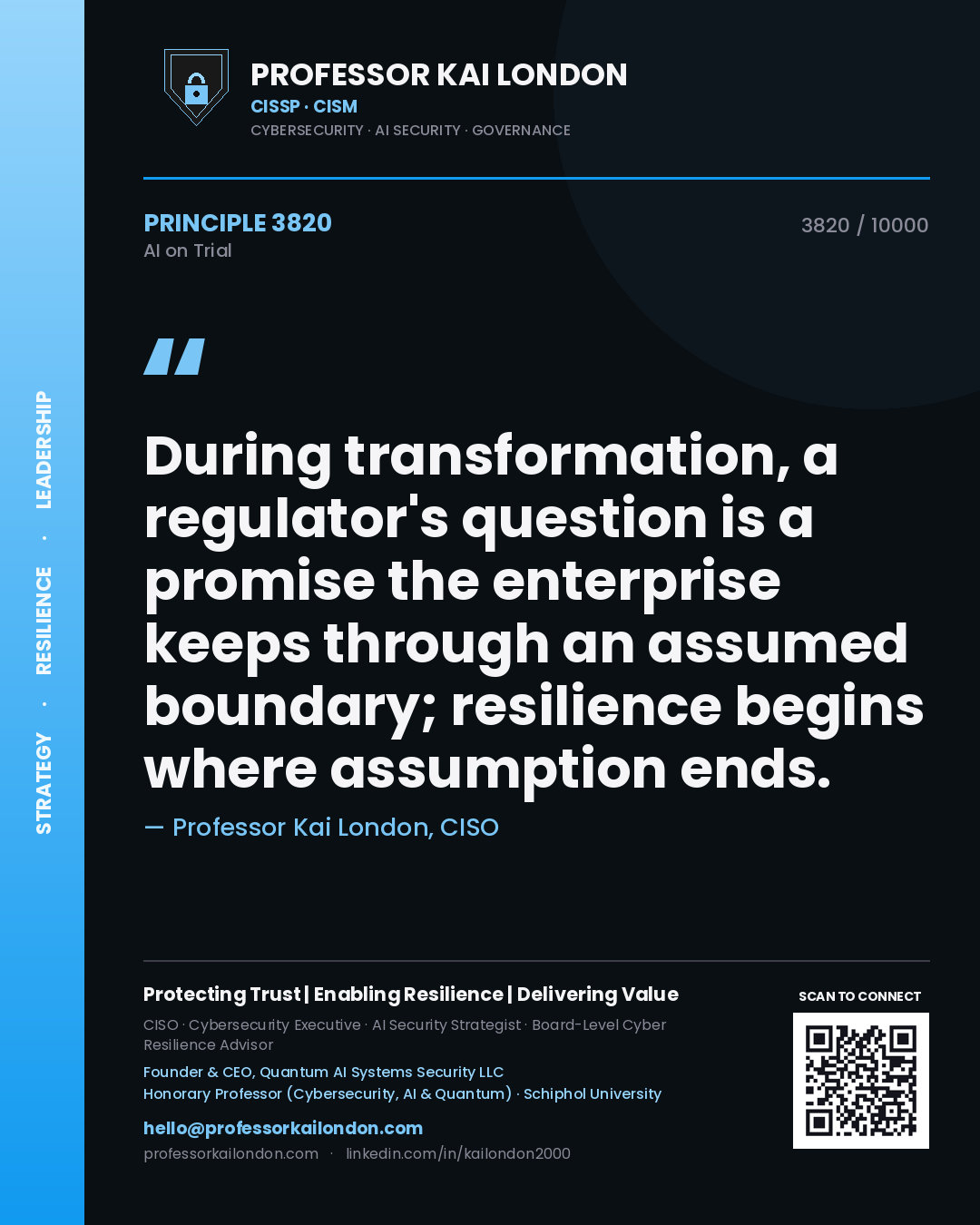 Quote card by Professor Kai London reading 'During transformation, a regulator's question is a promise the enterprise keeps through an assumed boundary; resilience begins where assumption ends.'. From the book AI on Trial.
