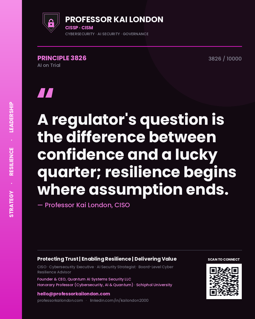 Quote card by Professor Kai London reading 'A regulator's question is the difference between confidence and a lucky quarter; resilience begins where assumption ends.'. From the book AI on Trial.