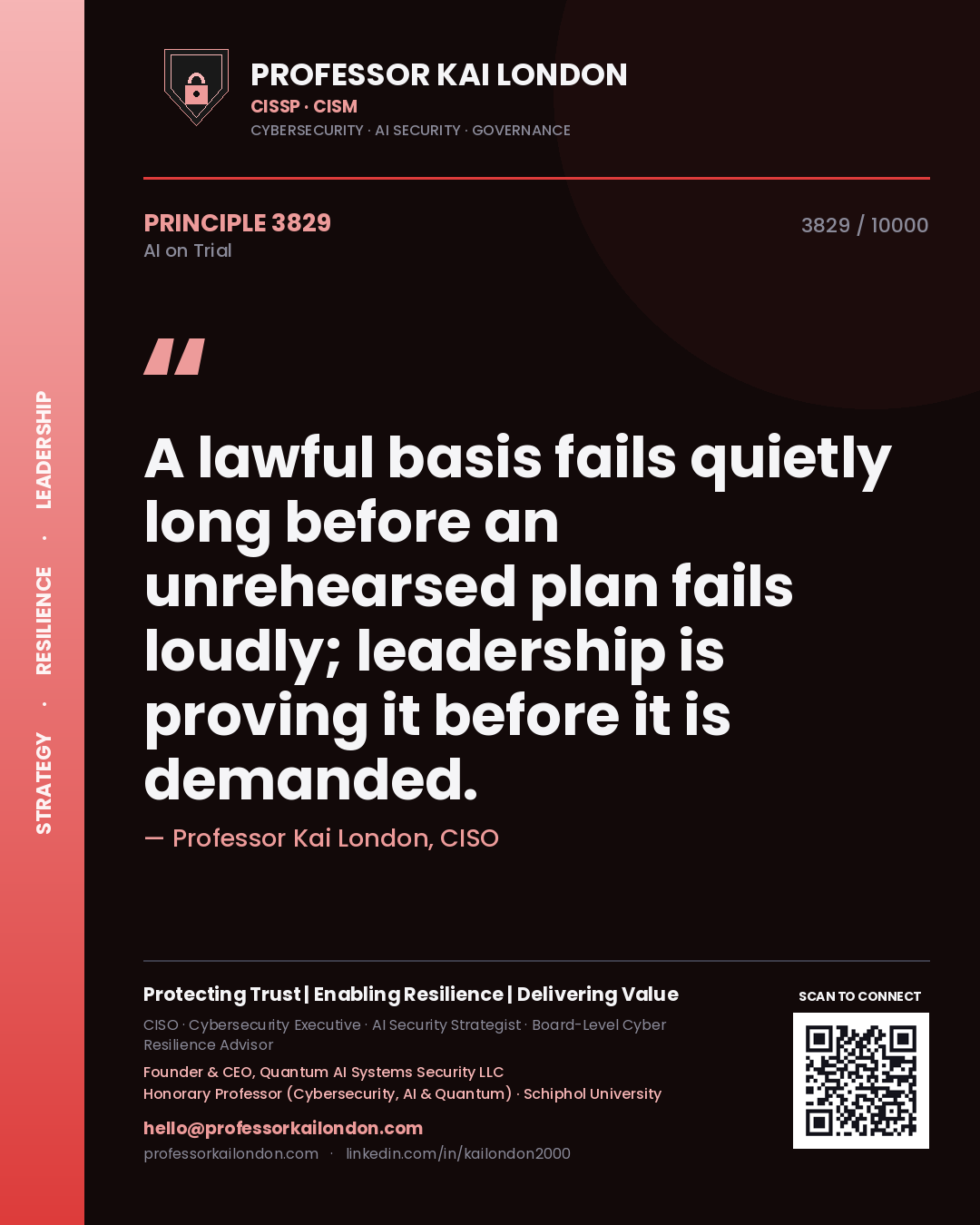 Quote card by Professor Kai London reading 'A lawful basis fails quietly long before an unrehearsed plan fails loudly; leadership is proving it before it is demanded.'. From the book AI on Trial.