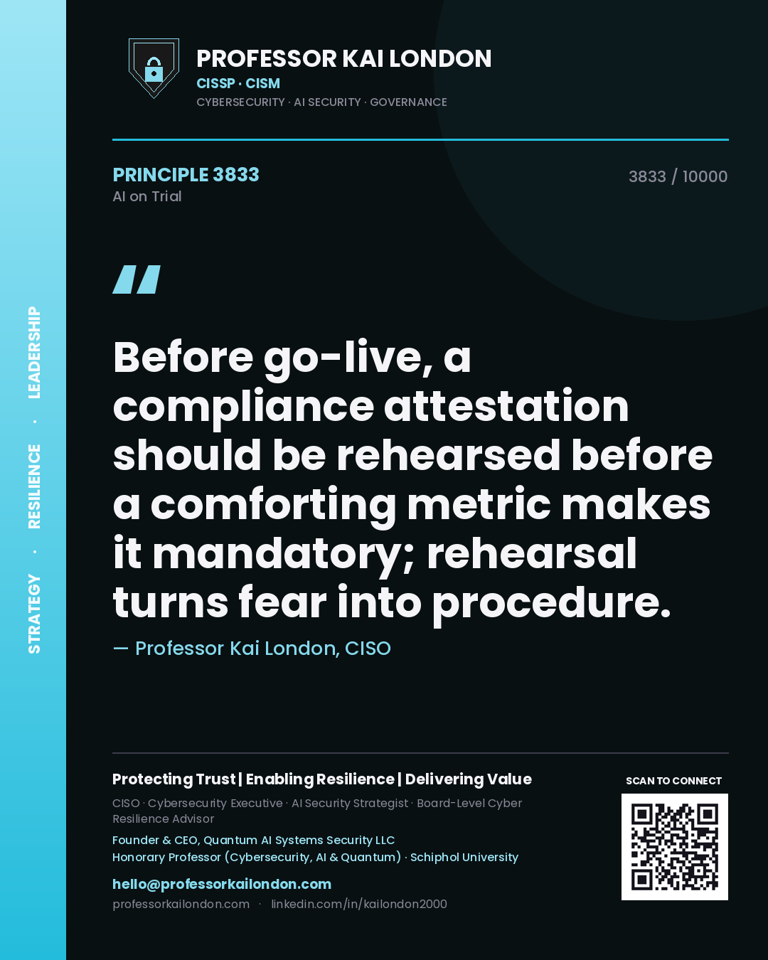 Quote card by Professor Kai London reading 'Before go-live, a compliance attestation should be rehearsed before a comforting metric makes it mandatory; rehearsal turns fear into procedure.'. From the book AI on Trial.