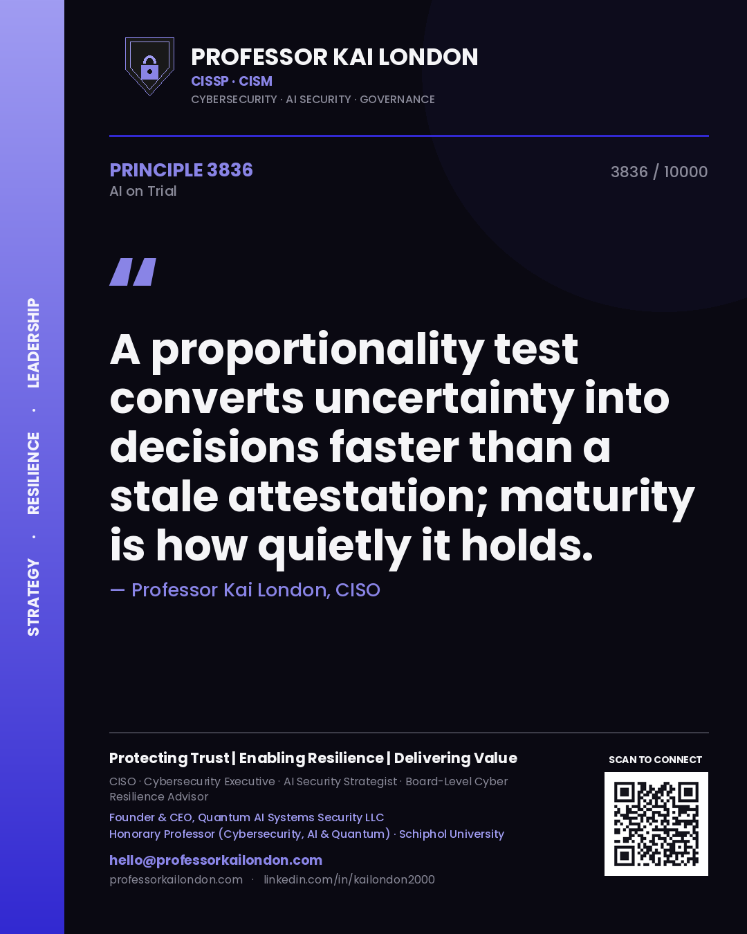 Quote card by Professor Kai London reading 'A proportionality test converts uncertainty into decisions faster than a stale attestation; maturity is how quietly it holds.'. From the book AI on Trial.