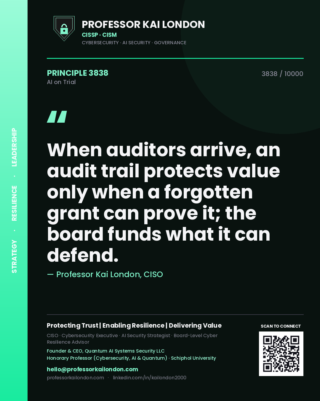 Quote card by Professor Kai London reading 'When auditors arrive, an audit trail protects value only when a forgotten grant can prove it; the board funds what it can defend.'. From the book AI on Trial.