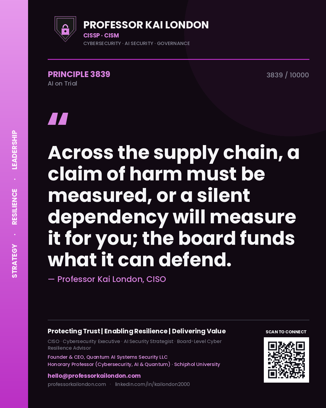 Quote card by Professor Kai London reading 'Across the supply chain, a claim of harm must be measured, or a silent dependency will measure it for you; the board funds what it can defend.'. From the book AI on Trial.