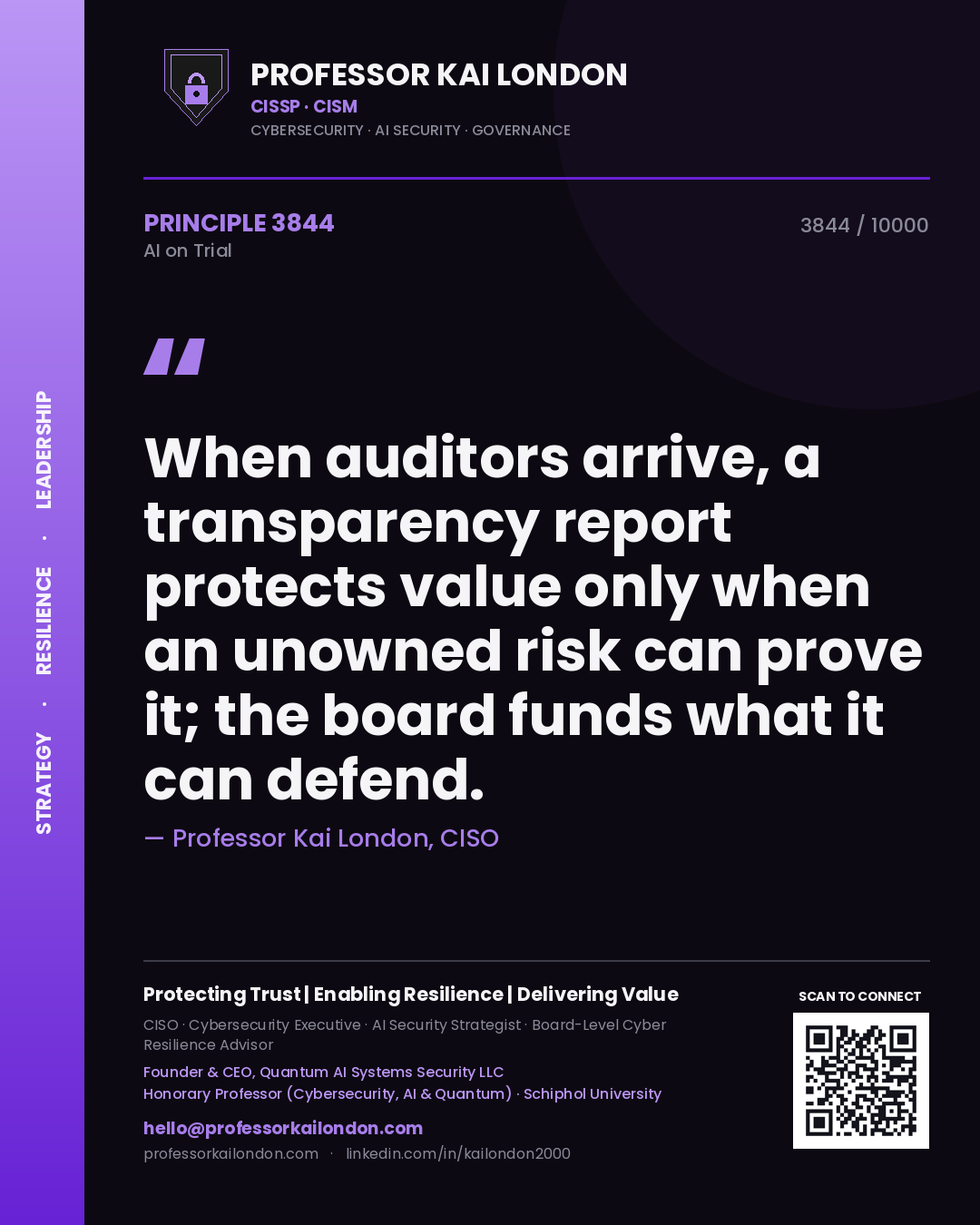 Quote card by Professor Kai London reading 'When auditors arrive, a transparency report protects value only when an unowned risk can prove it; the board funds what it can defend.'. From the book AI on Trial.
