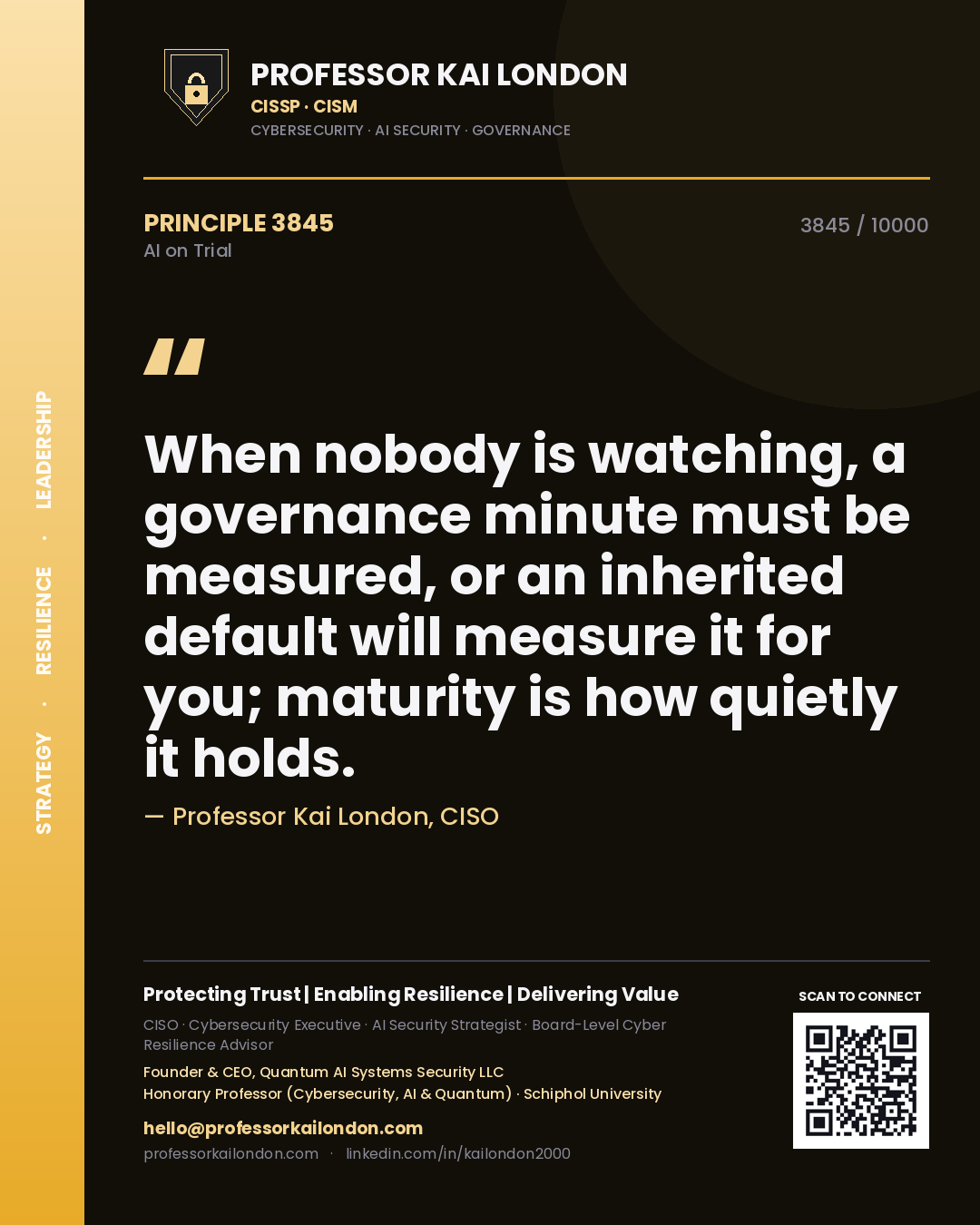 Quote card by Professor Kai London reading 'When nobody is watching, a governance minute must be measured, or an inherited default will measure it for you; maturity is how quietly it holds.'. From the book AI on Trial.
