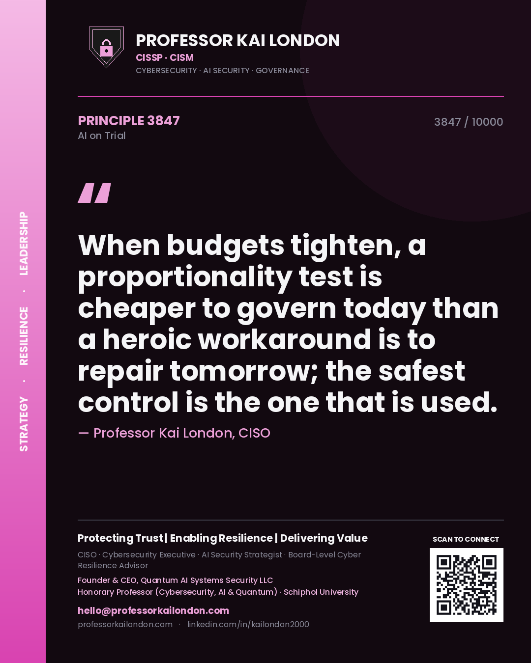Quote card by Professor Kai London reading 'When budgets tighten, a proportionality test is cheaper to govern today than a heroic workaround is to repair tomorrow; the safest control is the one that is used.'. From the book AI on Trial.