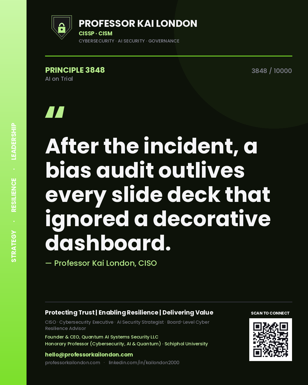 Quote card by Professor Kai London reading 'After the incident, a bias audit outlives every slide deck that ignored a decorative dashboard.'. From the book AI on Trial.