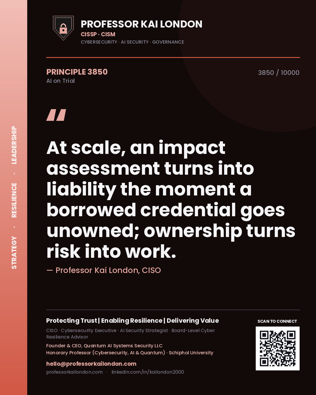 Quote card by Professor Kai London reading 'At scale, an impact assessment turns into liability the moment a borrowed credential goes unowned; ownership turns risk into work.'. From the book AI on Trial.