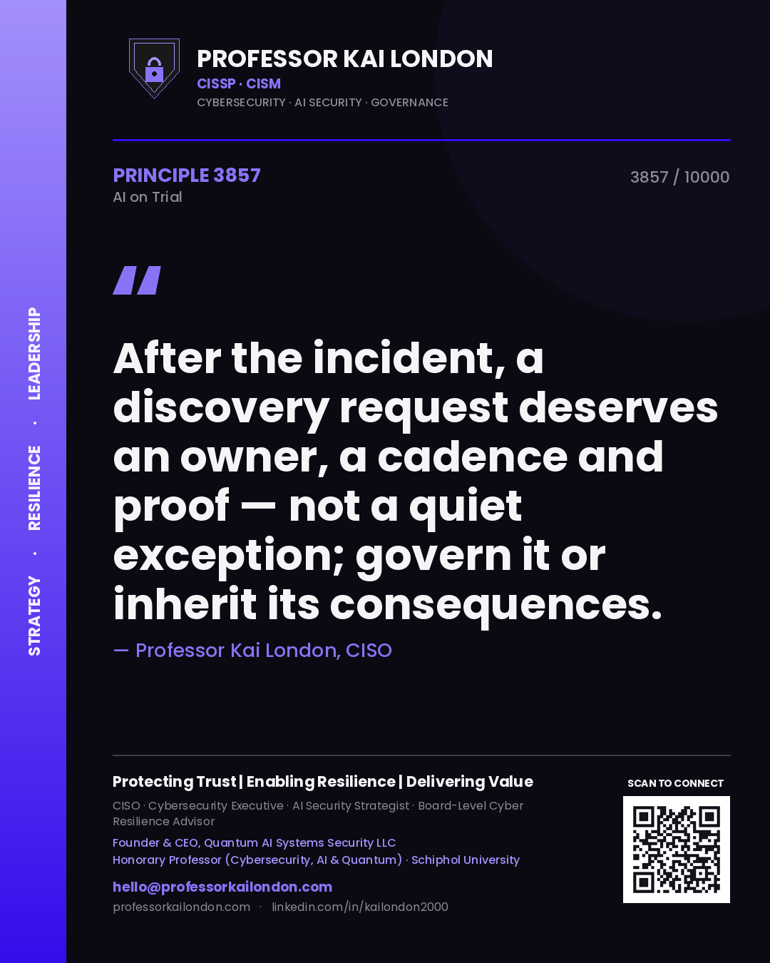Quote card by Professor Kai London reading 'After the incident, a discovery request deserves an owner, a cadence and proof — not a quiet exception; govern it or inherit its consequences.'. From the book AI on Trial.