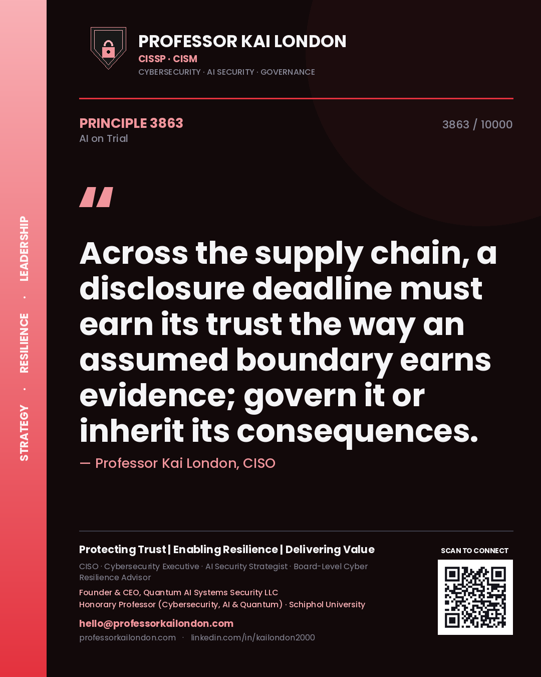 Quote card by Professor Kai London reading 'Across the supply chain, a disclosure deadline must earn its trust the way an assumed boundary earns evidence; govern it or inherit its consequences.'. From the book AI on Trial.