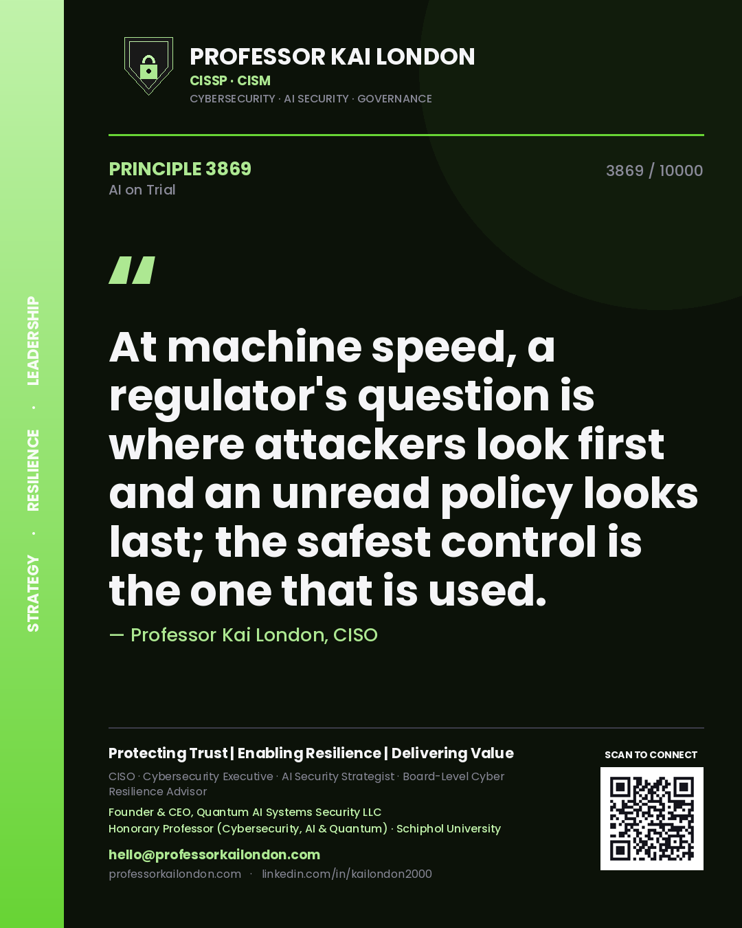 Quote card by Professor Kai London reading 'At machine speed, a regulator's question is where attackers look first and an unread policy looks last; the safest control is the one that is used.'. From the book AI on Trial.