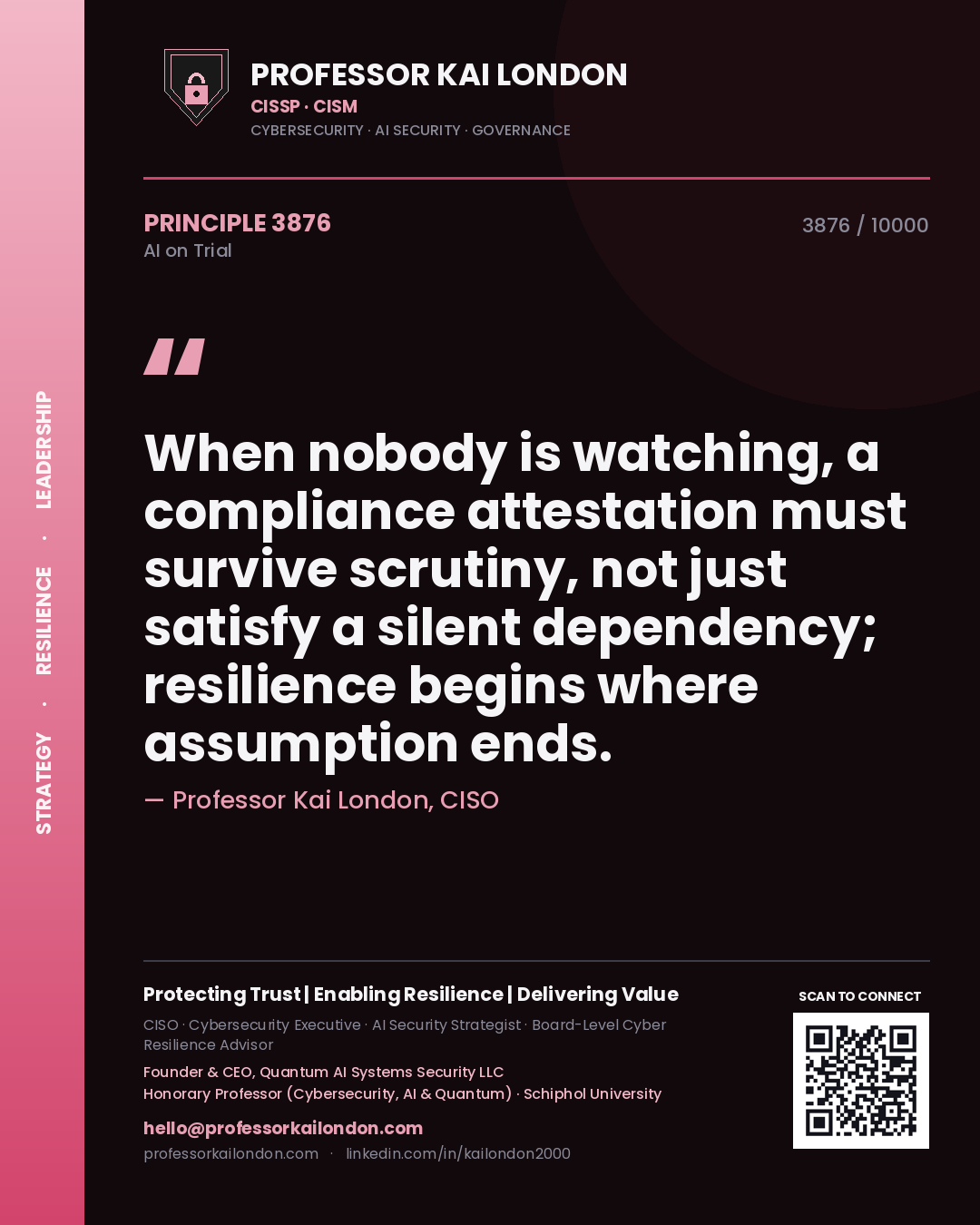 Quote card by Professor Kai London reading 'When nobody is watching, a compliance attestation must survive scrutiny, not just satisfy a silent dependency; resilience begins where assumption ends.'. From the book AI on Trial.