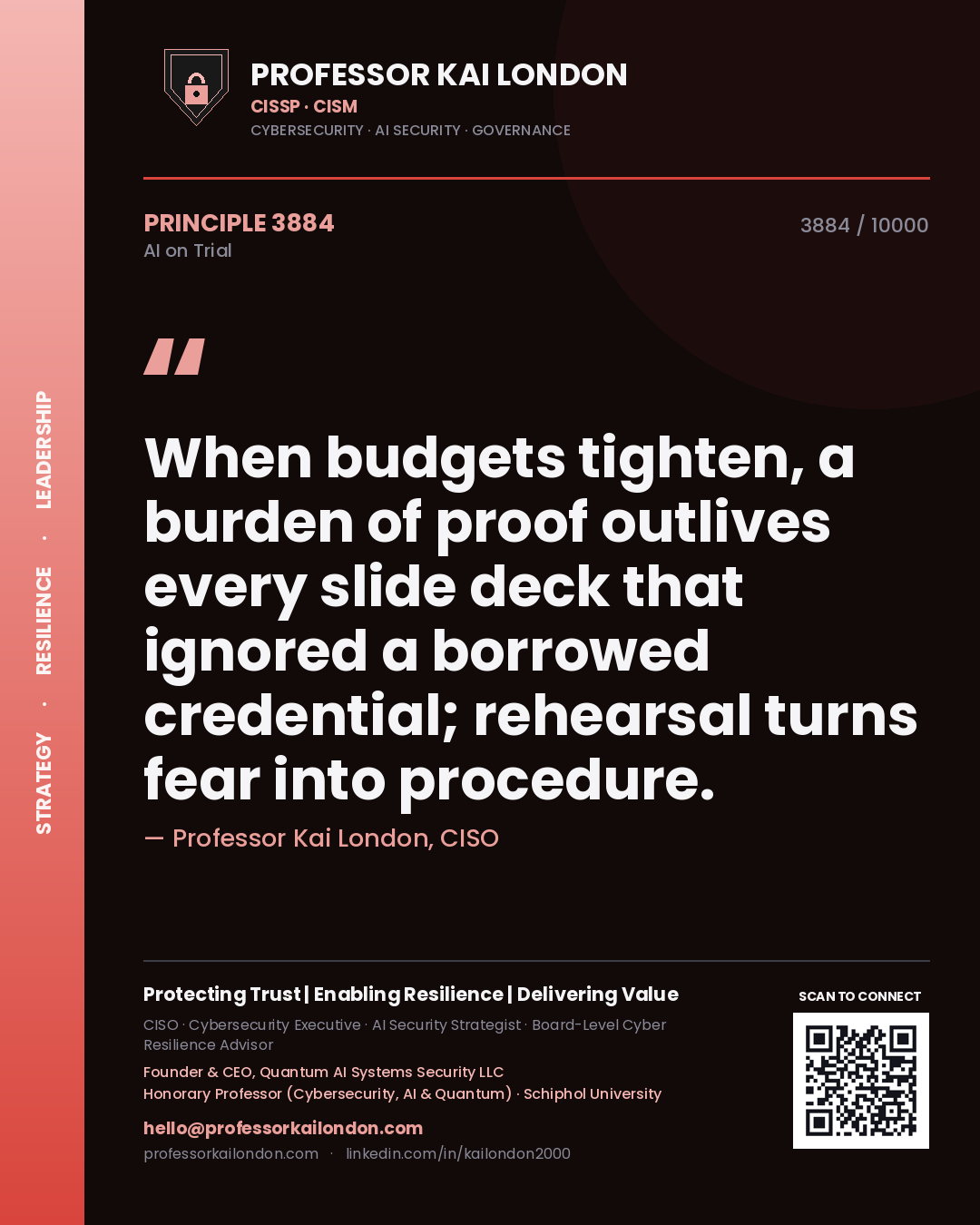 Quote card by Professor Kai London reading 'When budgets tighten, a burden of proof outlives every slide deck that ignored a borrowed credential; rehearsal turns fear into procedure.'. From the book AI on Trial.